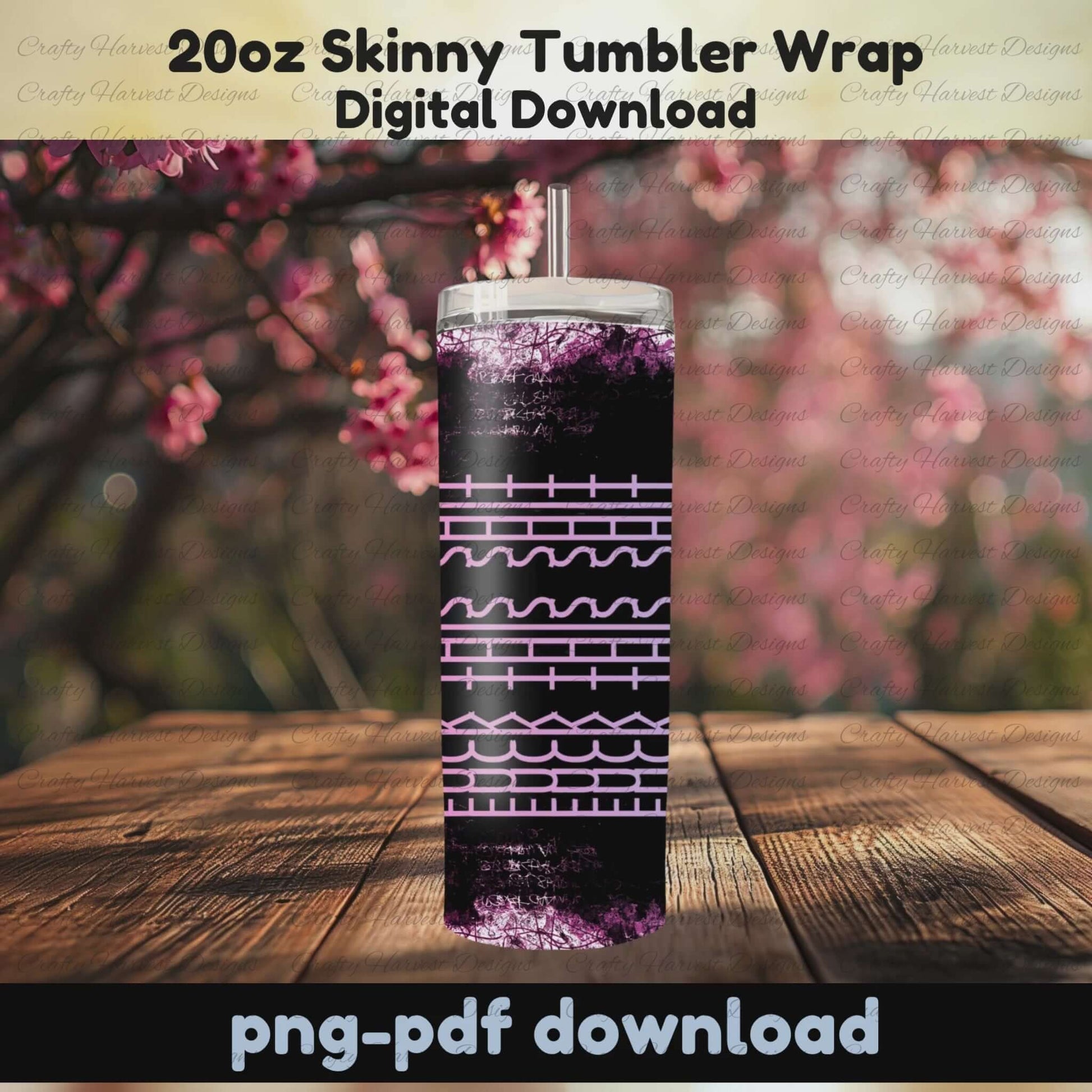 Animated 20oz skinny tumbler mockup on a wooden surface with cherry blossoms in the background. The tumbler features a black and purple grunge wrap with light pink linework that reveals the hidden message “Fck This Sht” as the cup rotates. PNG and PDF digital download.