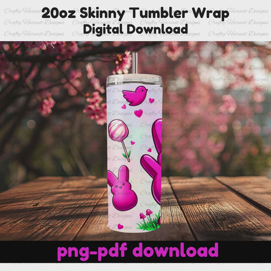 A rotating mockup of a pink Easter Peep 20oz skinny tumbler wrap featuring a cute green bunny, balloons, hearts, and small peeps. Set against a springtime background. Includes PNG and PDF digital download.