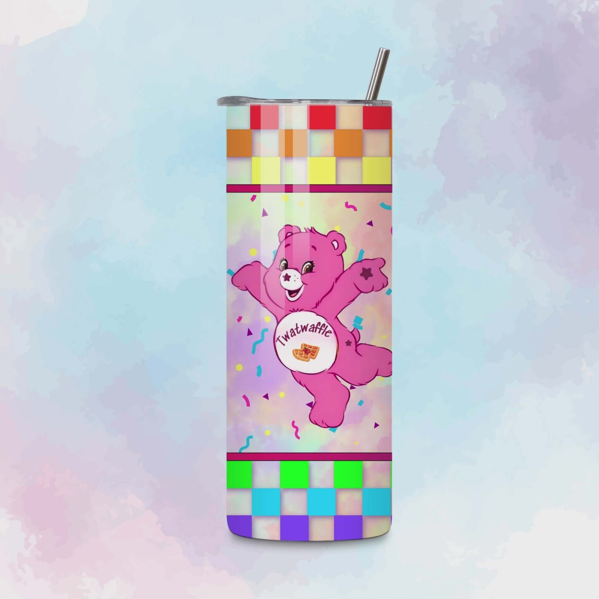 Rotating 20oz skinny tumbler mockup featuring the retro Swear Bears wrap with colorful bears and bold phrases.