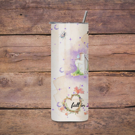 Video preview of a 20oz skinny tumbler wrap featuring a soft watercolor design with celestial stars, nature elements, and quotes about salt, rosemary, lavender, and love.