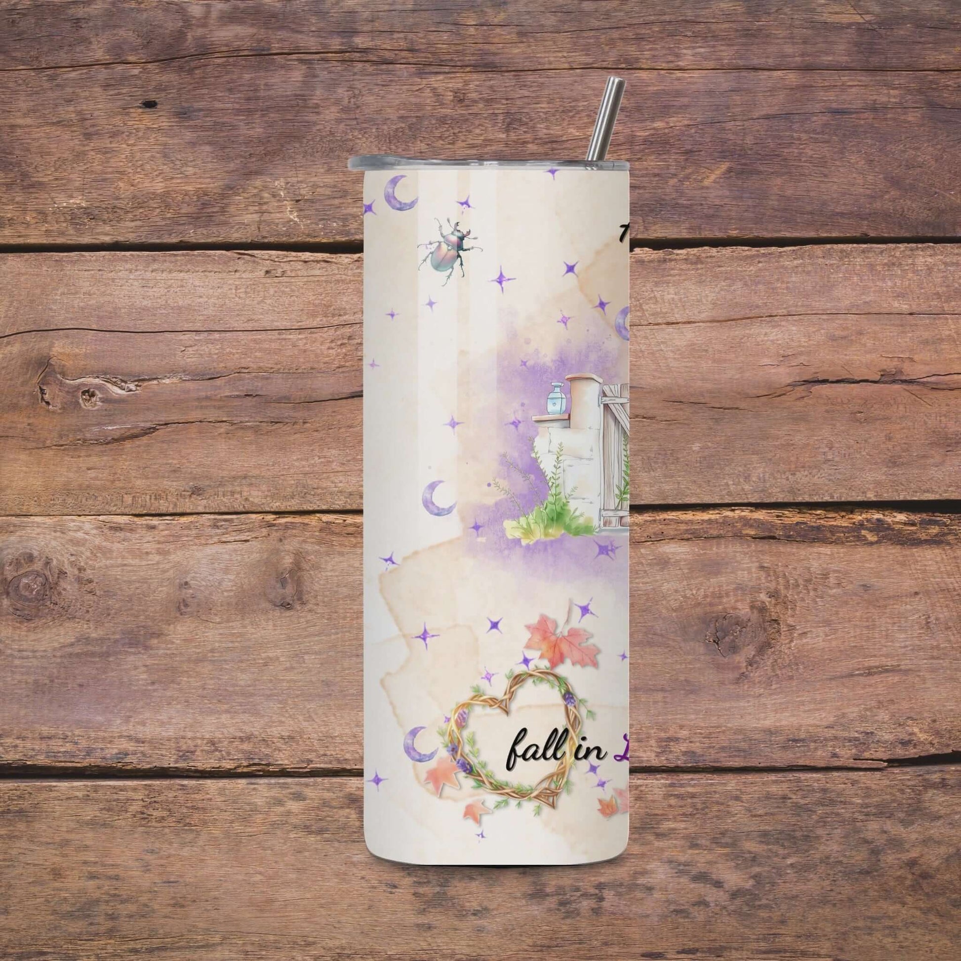 Video preview of a 20oz skinny tumbler wrap featuring a soft watercolor design with celestial stars, nature elements, and quotes about salt, rosemary, lavender, and love.