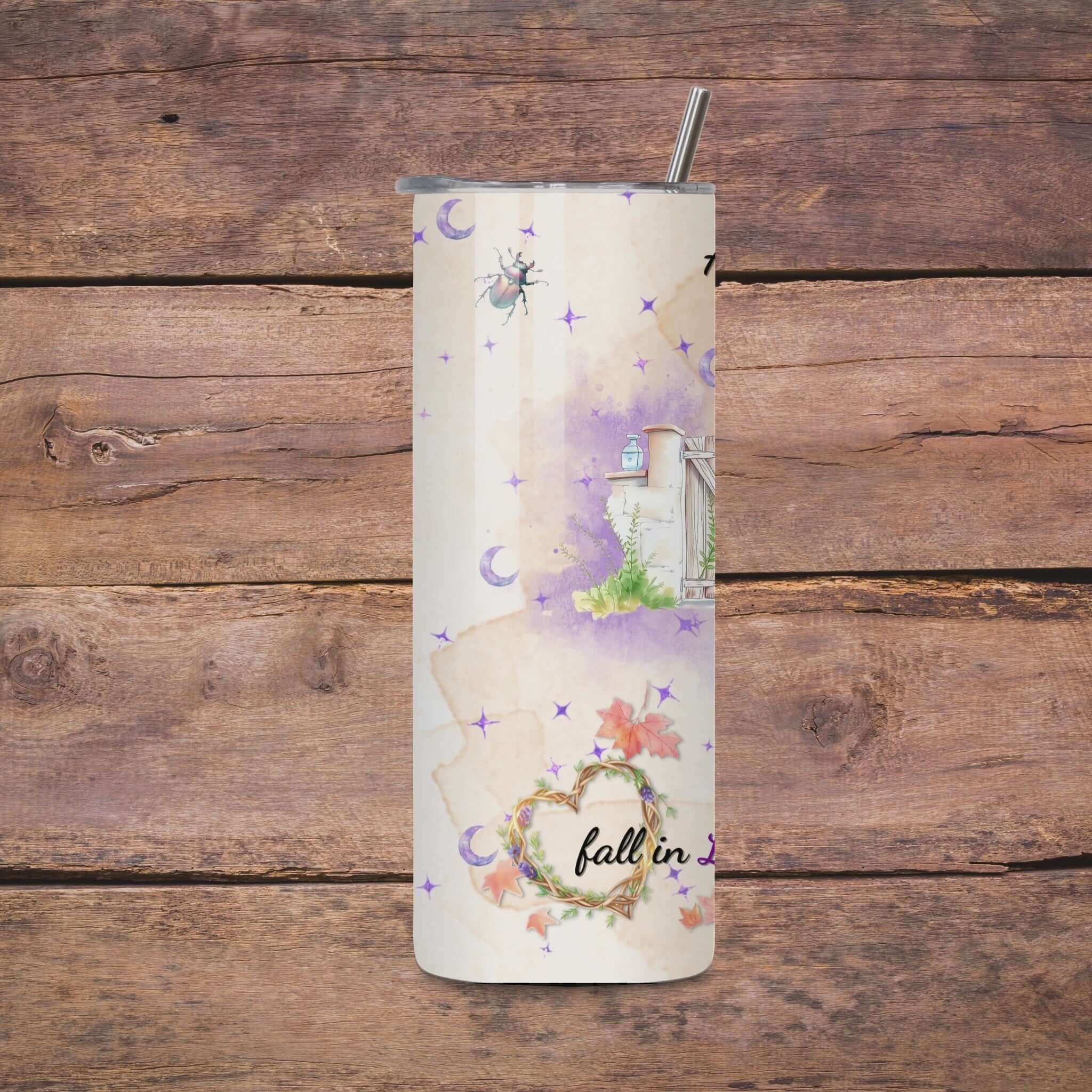 Video preview of a 20oz skinny tumbler wrap featuring a soft watercolor design with celestial stars, nature elements, and quotes about salt, rosemary, lavender, and love.