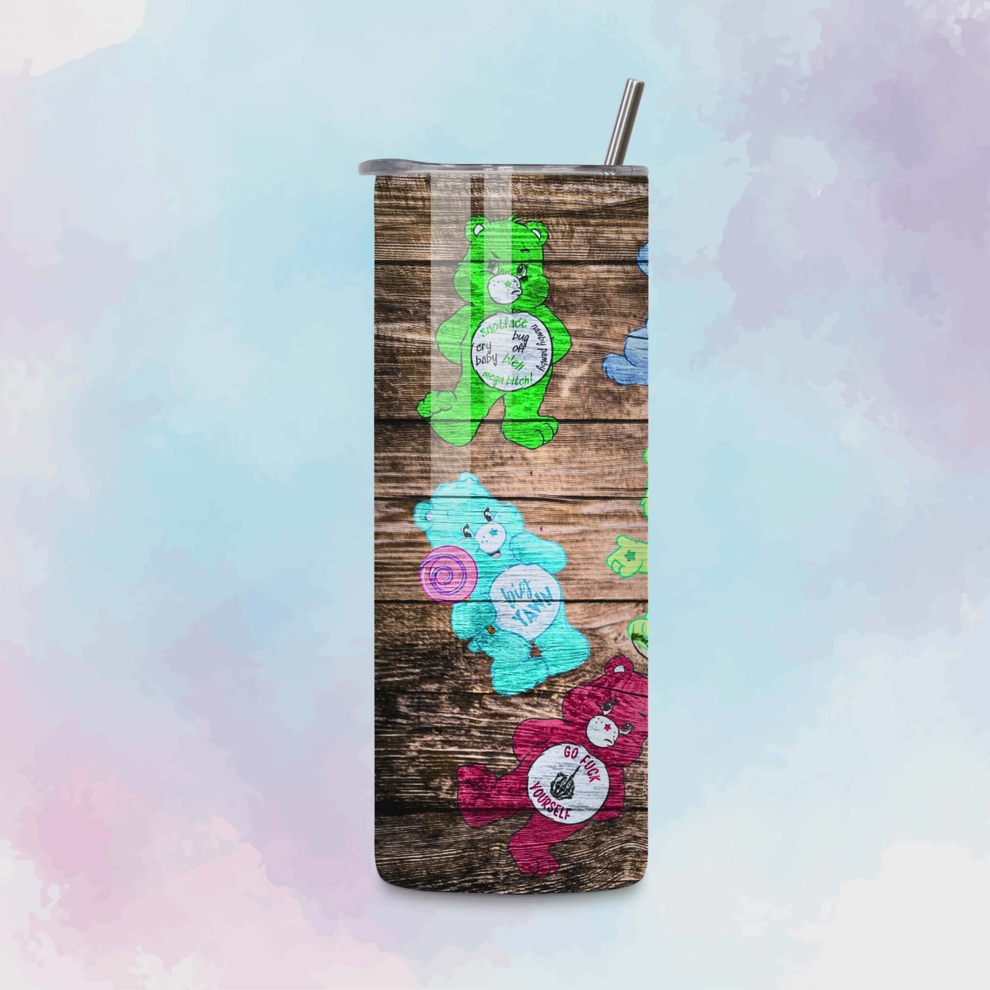 20oz skinny tumbler mockup featuring the Swear Bears design with colorful bears and sassy sayings like “Go Fuck Yourself” and “Why Tho?” on a wooden background.