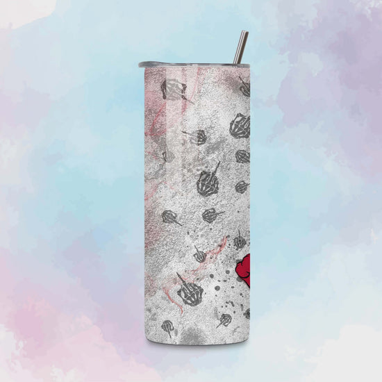 Rotating 20oz skinny tumbler mockup featuring the red Swear Bears wrap with a red bear and bold phrase.