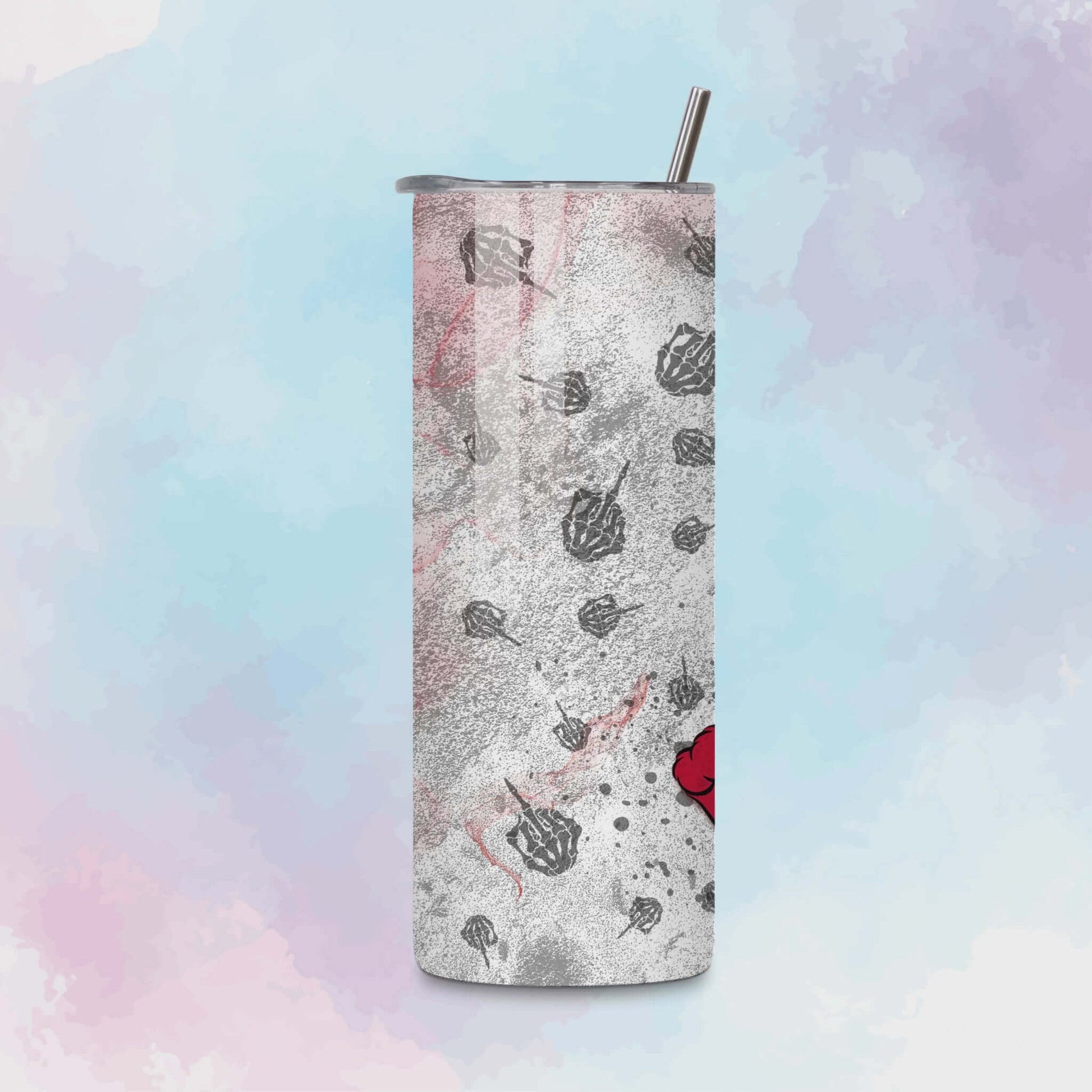 Rotating 20oz skinny tumbler mockup featuring the red Swear Bears wrap with a red bear and bold phrase.