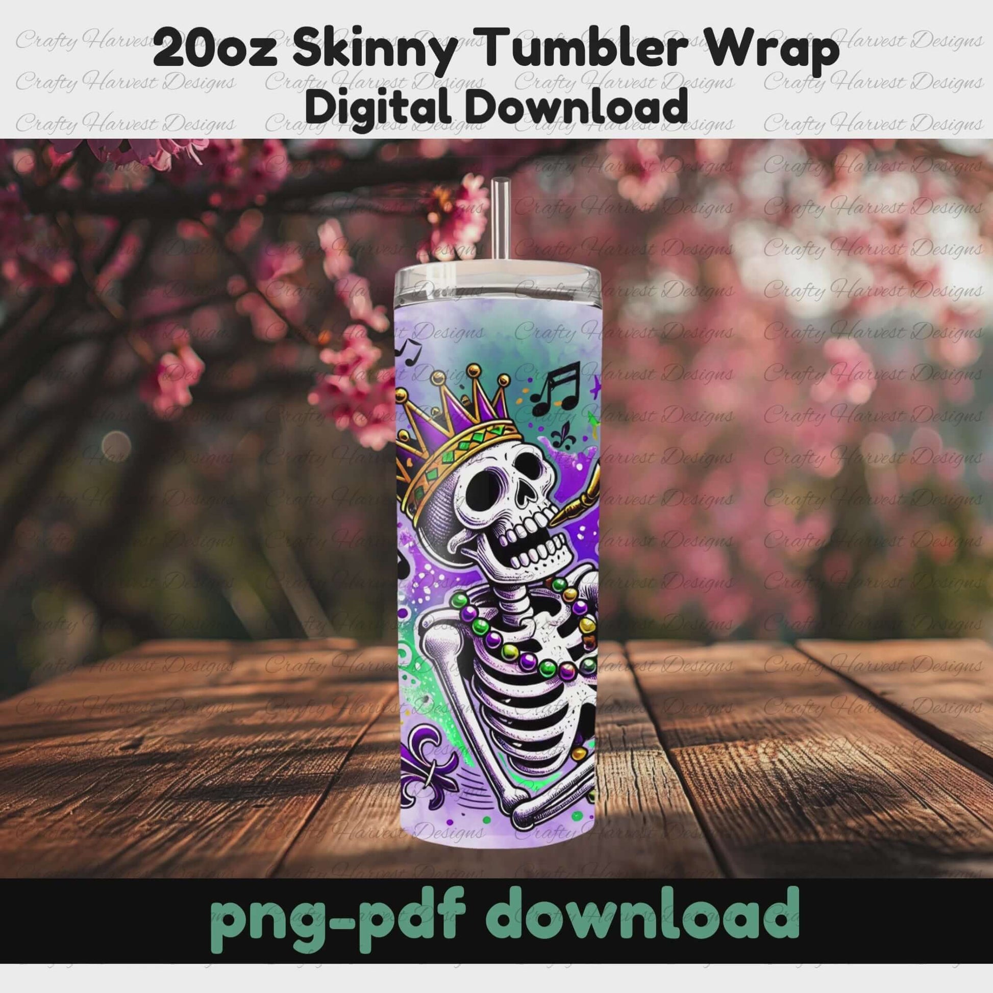 Tumbler wrap featuring a skeleton wearing a golden crown and Mardi Gras beads, playing a saxophone against a purple and green background with music notes.