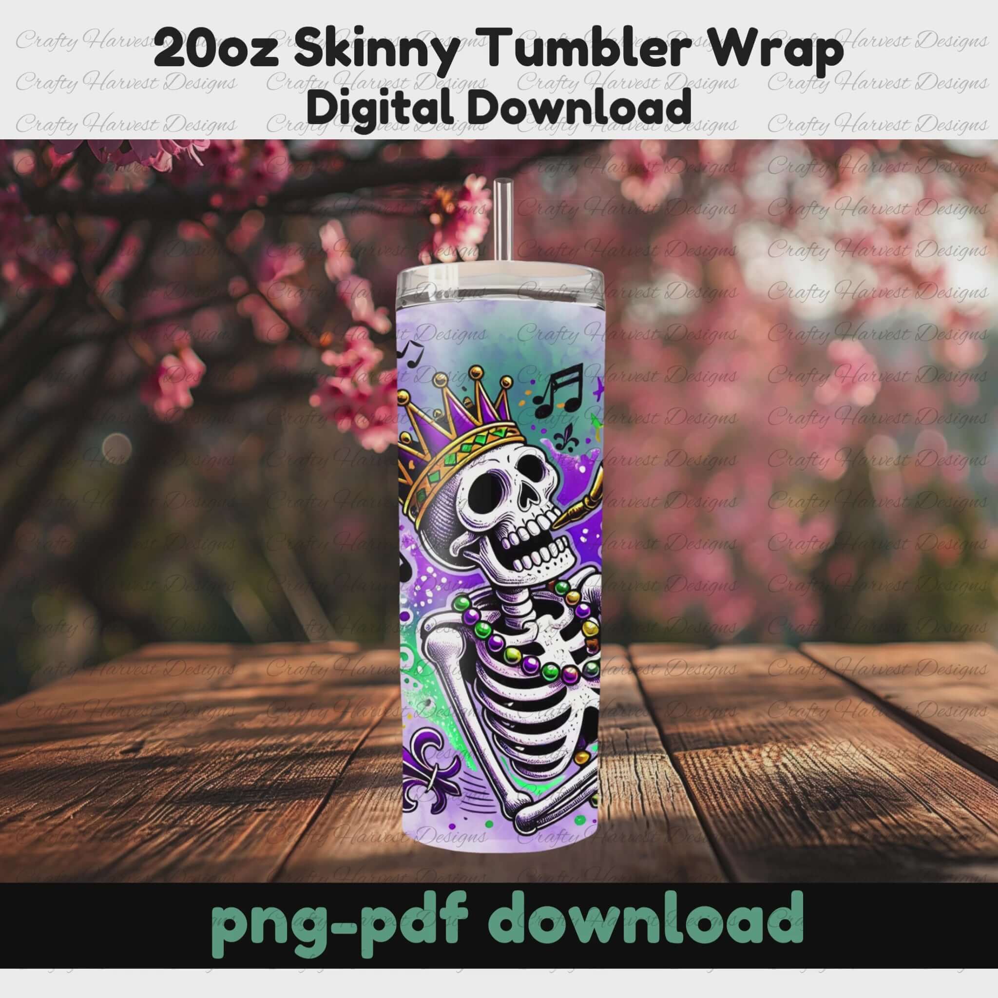 Tumbler wrap featuring a skeleton wearing a golden crown and Mardi Gras beads, playing a saxophone against a purple and green background with music notes.
