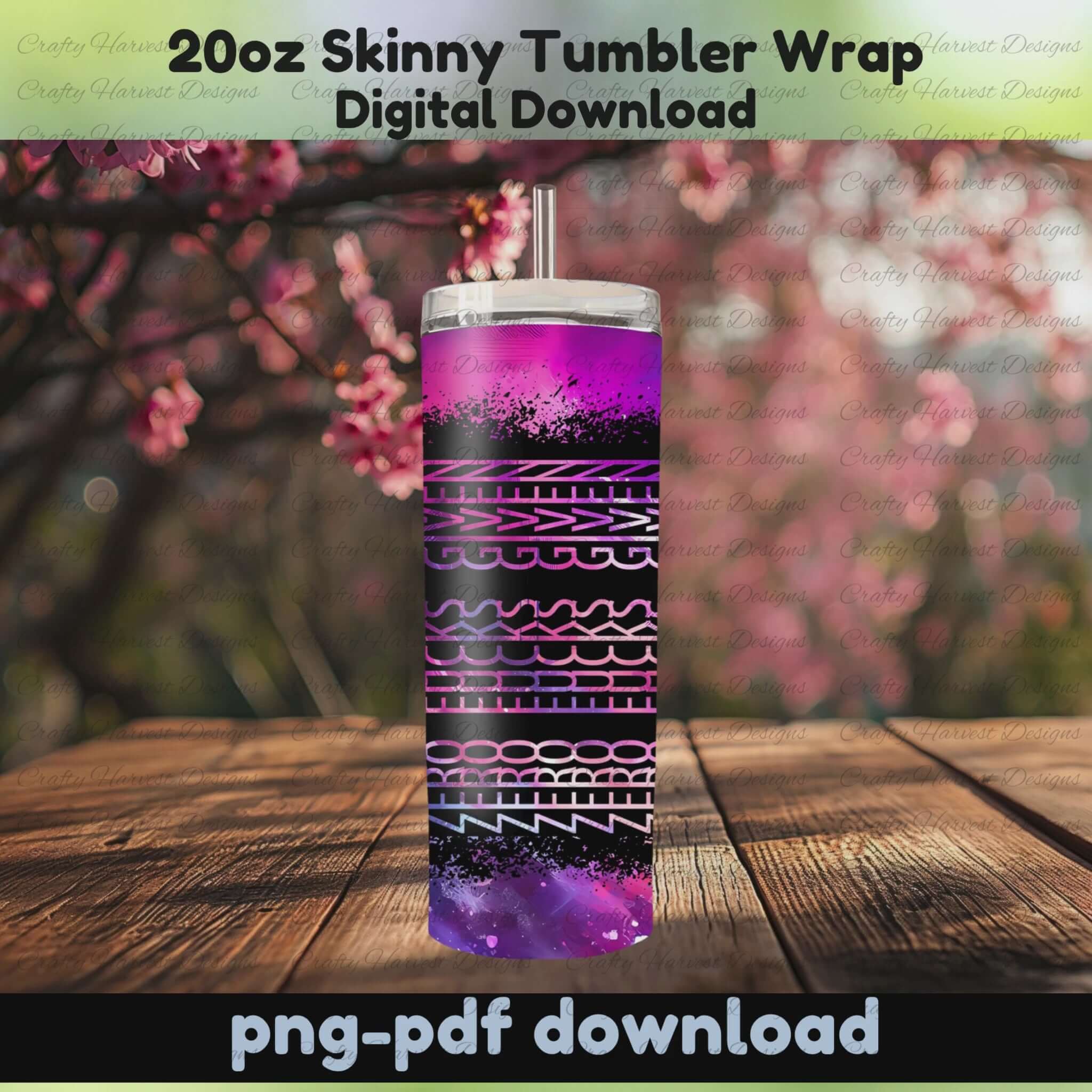 Animated 20oz skinny tumbler mockup placed on a wooden table with blooming cherry blossoms in the background. The tumbler features a pink and purple galaxy wrap with a hidden “Zero F*cks Given” message revealed as it rotates. PNG and PDF digital download.