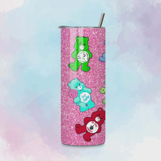 Rotating 20oz skinny tumbler mockup featuring the pink glitter Swear Bears wrap with colorful bears and bold phrases.