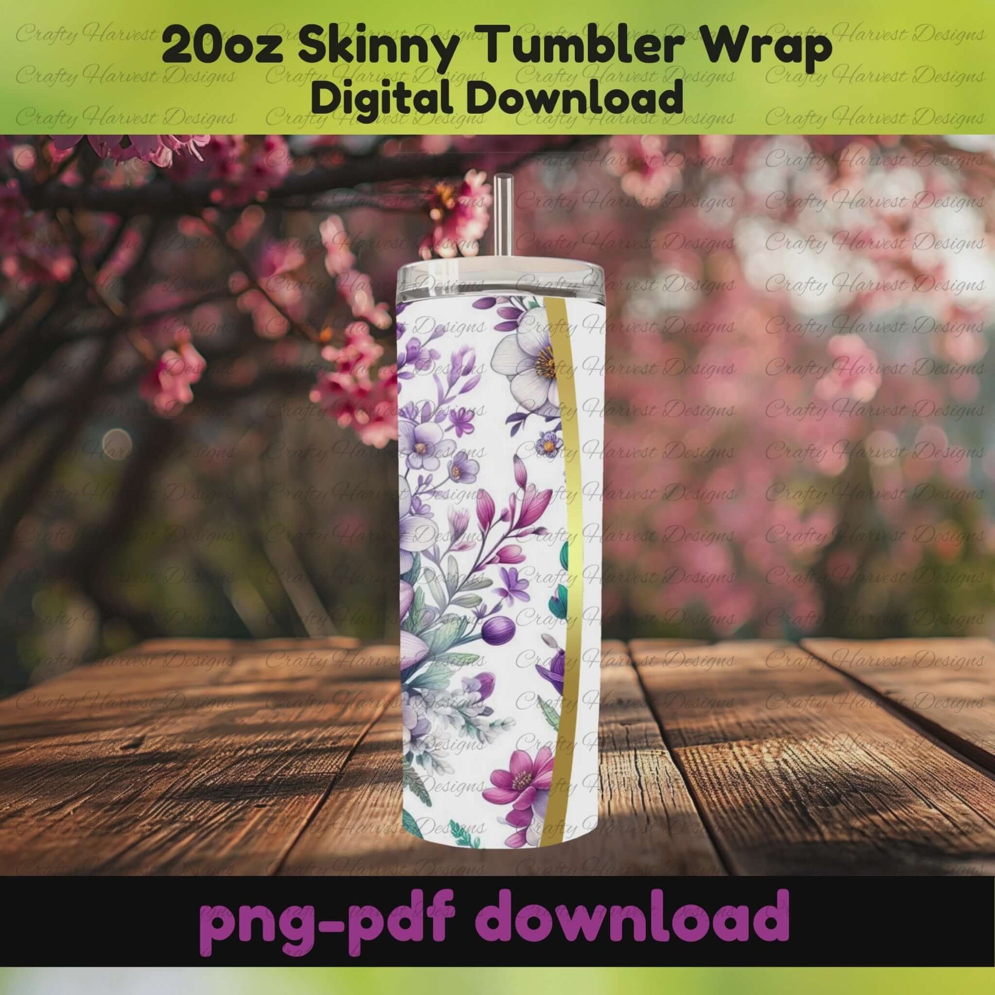 Floral tumbler wrap mockup displayed outdoors, 20oz sublimation design with flowers