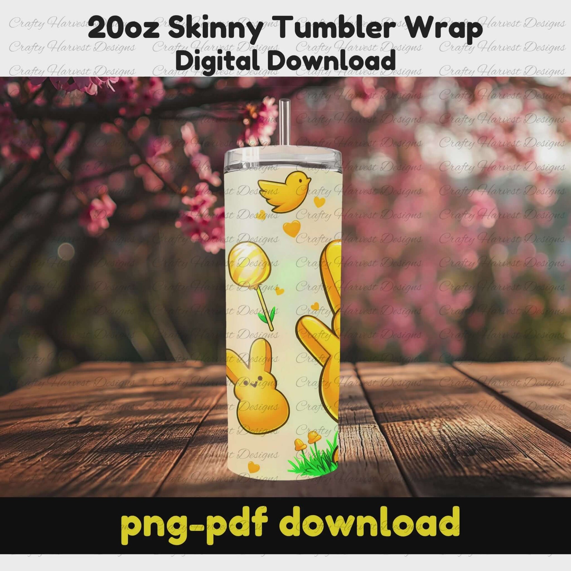 A rotating mockup of a yellow Easter Peep 20oz skinny tumbler wrap featuring a cute green bunny, balloons, hearts, and small peeps. Set against a springtime background. Includes PNG and PDF digital download.
