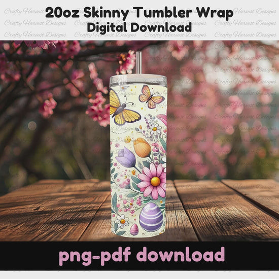 Rotating mockup of a 20oz skinny tumbler featuring a pastel Easter and spring-themed wrap. The design includes flowers, butterflies, and decorated eggs. Digital download available in PNG and PDF formats for sublimation projects.