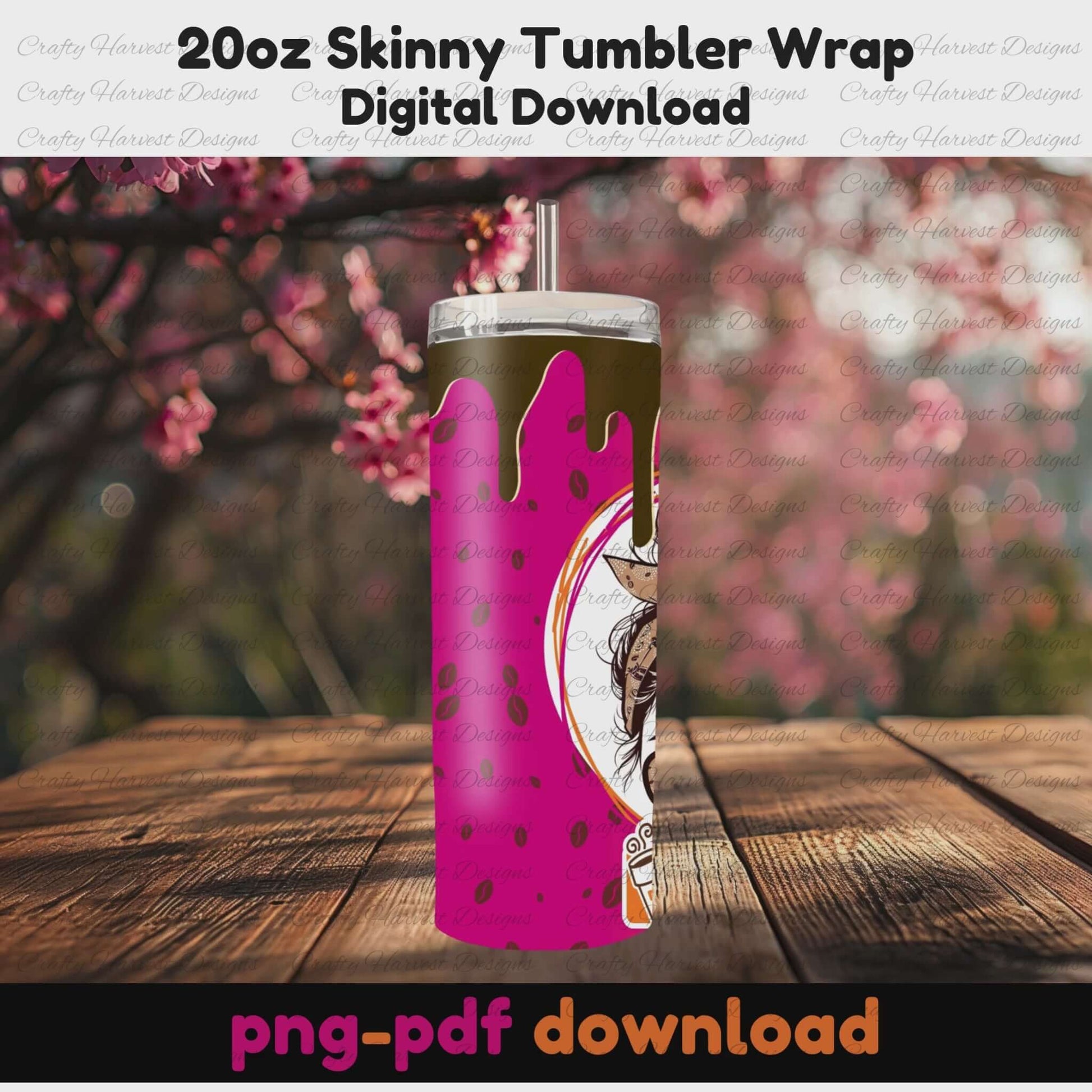 Outdoor tumbler mockup with bright pink and orange Dunkin’ Mom Life sublimation wrap