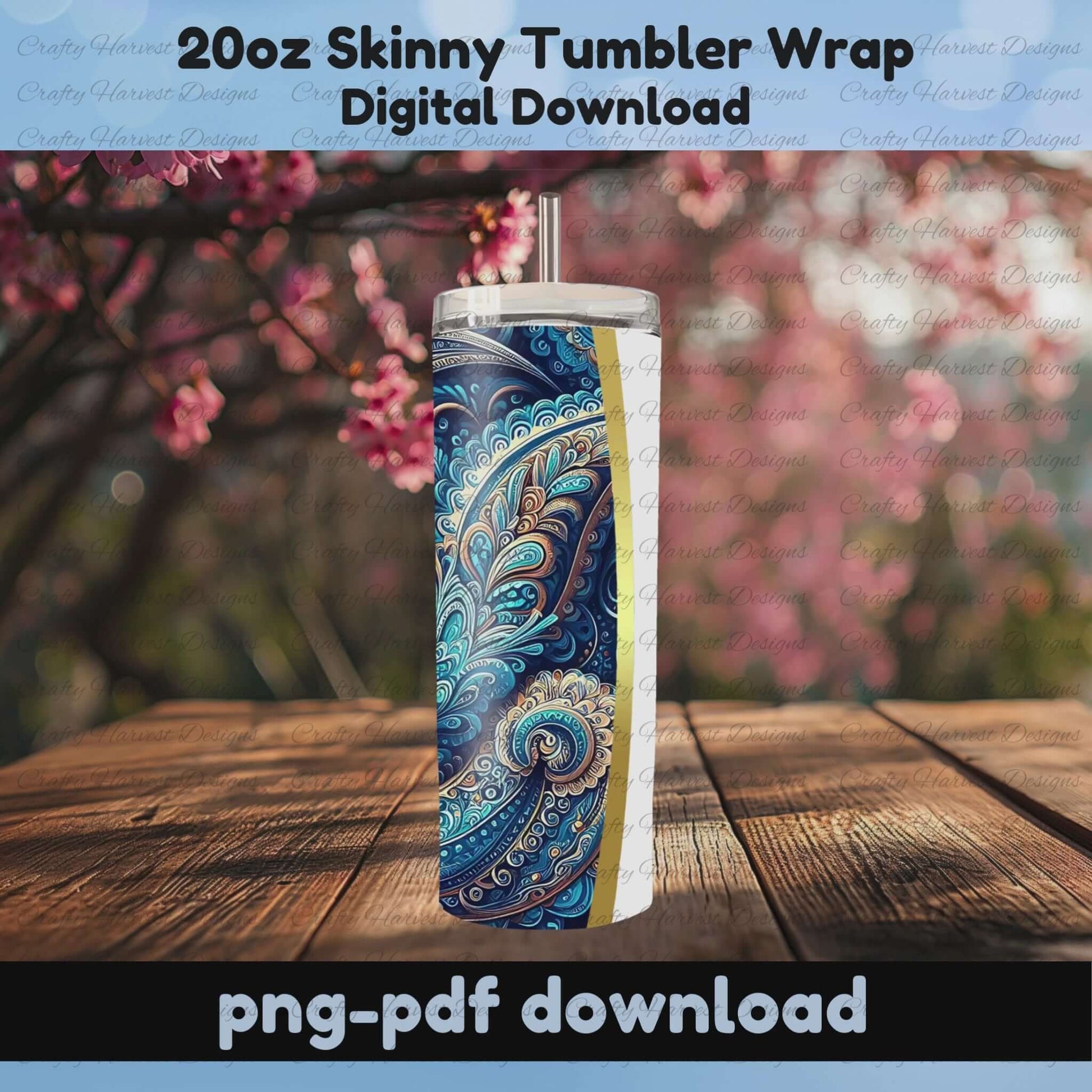 Blue paisley family tree tumbler wrap with tree and hearts, 20oz sublimation design