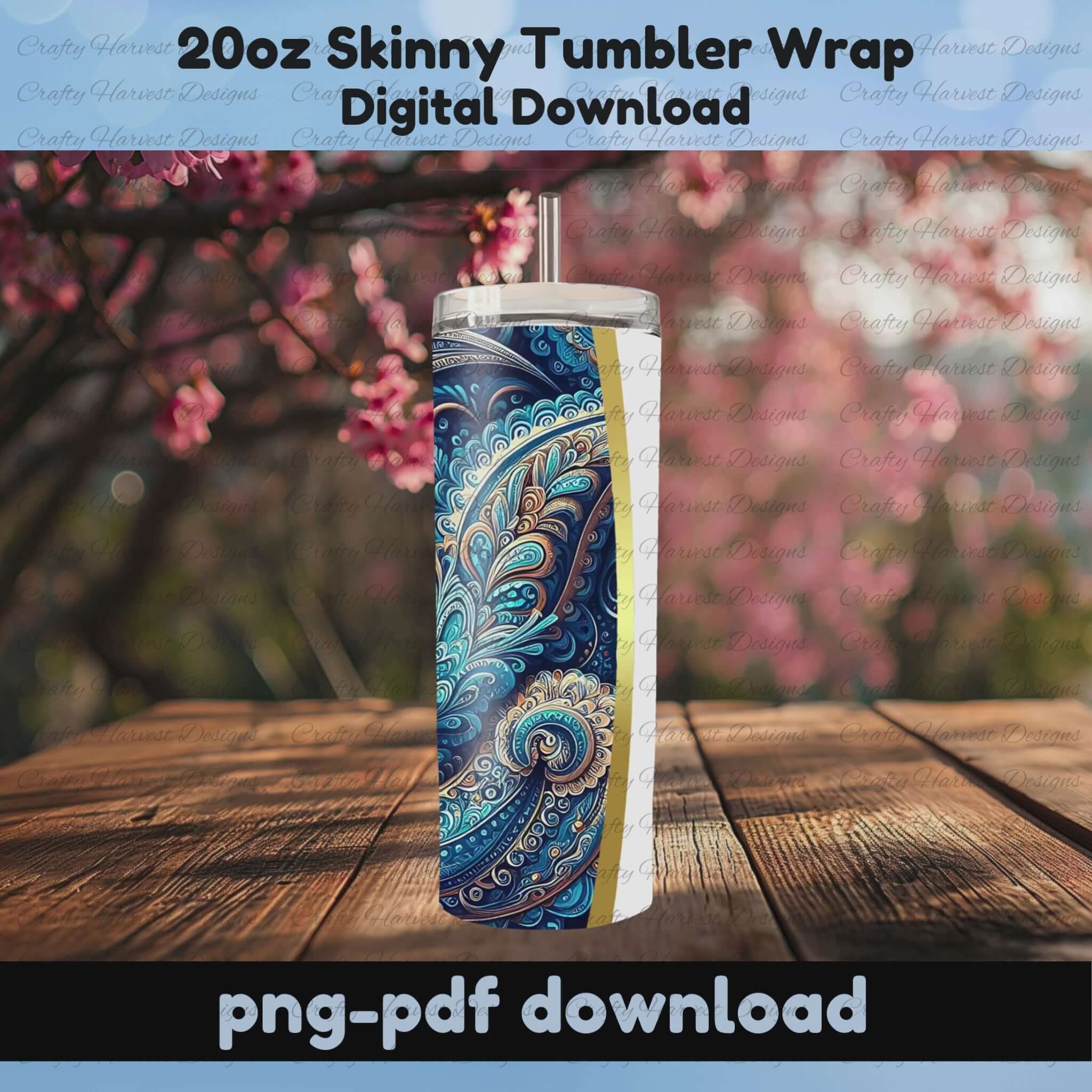 Blue paisley family tree tumbler wrap with tree and hearts, 20oz sublimation design