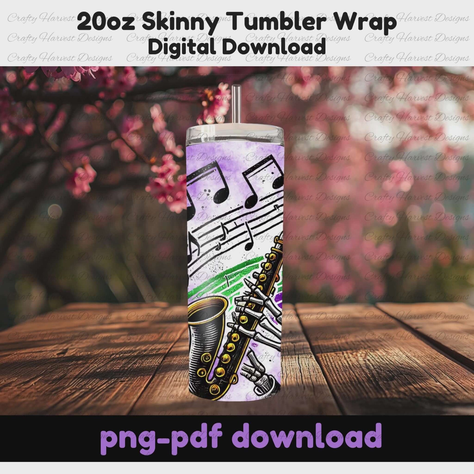 A rotating 20oz skinny tumbler mockup featuring a saxophone with musical notes on a purple watercolor background. The design moves to showcase different angles of the tumbler. Mardi Gras-inspired digital download available in PNG and PDF.