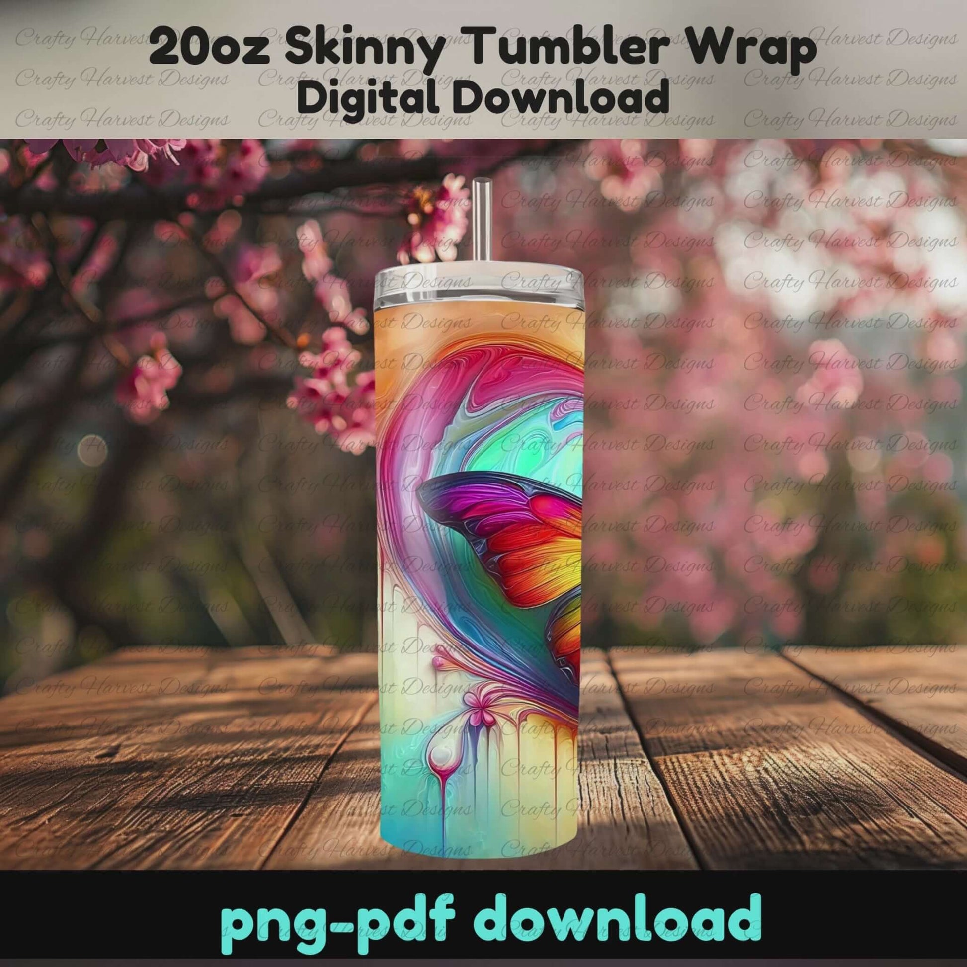 Rotating mockup of a 20oz skinny tumbler showcasing all five colorful butterfly-themed wrap designs from the digital download bundle, set against a spring blossom background.