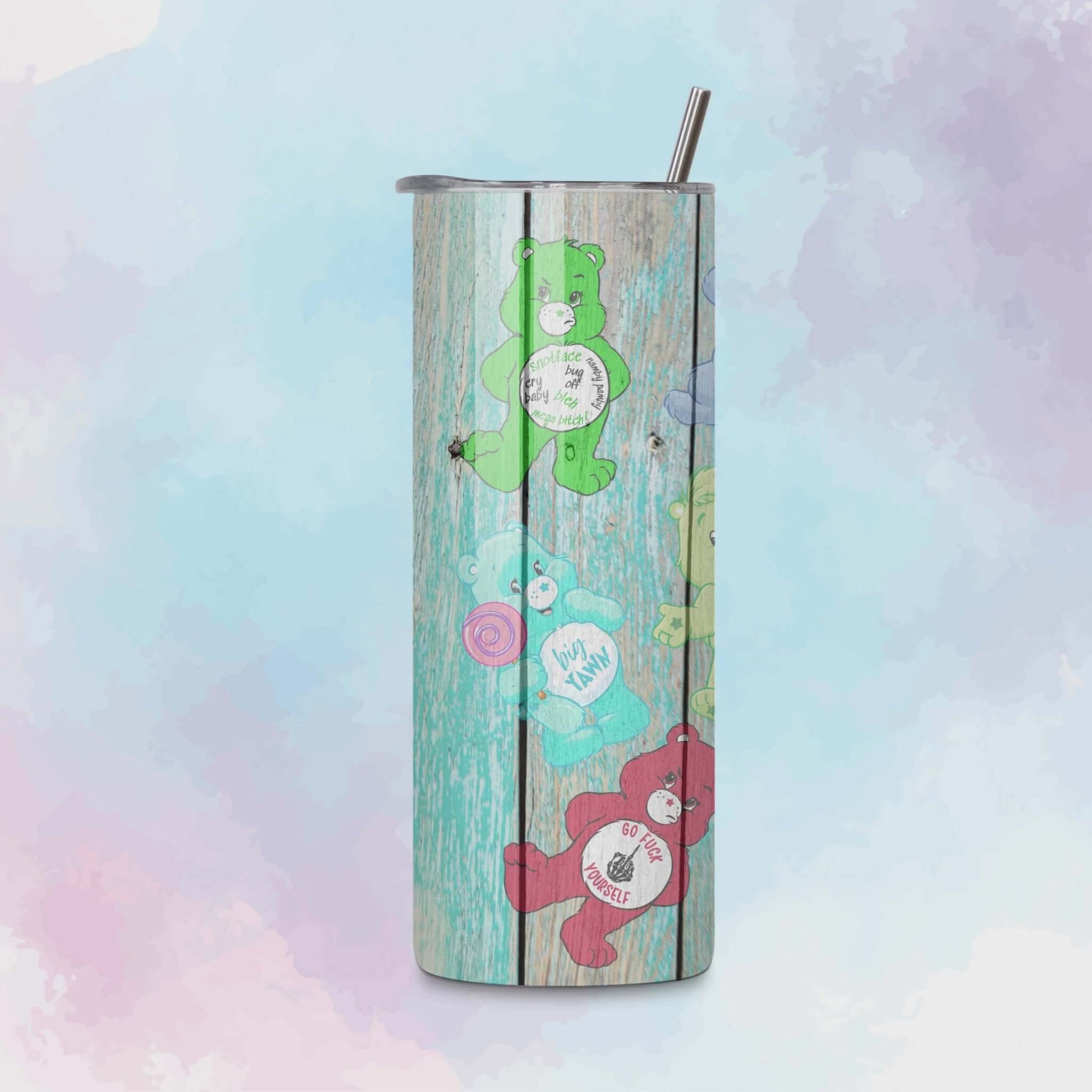 Rotating 20oz skinny tumbler mockup featuring the teal wood Swear Bears wrap with colorful bears and bold phrases.