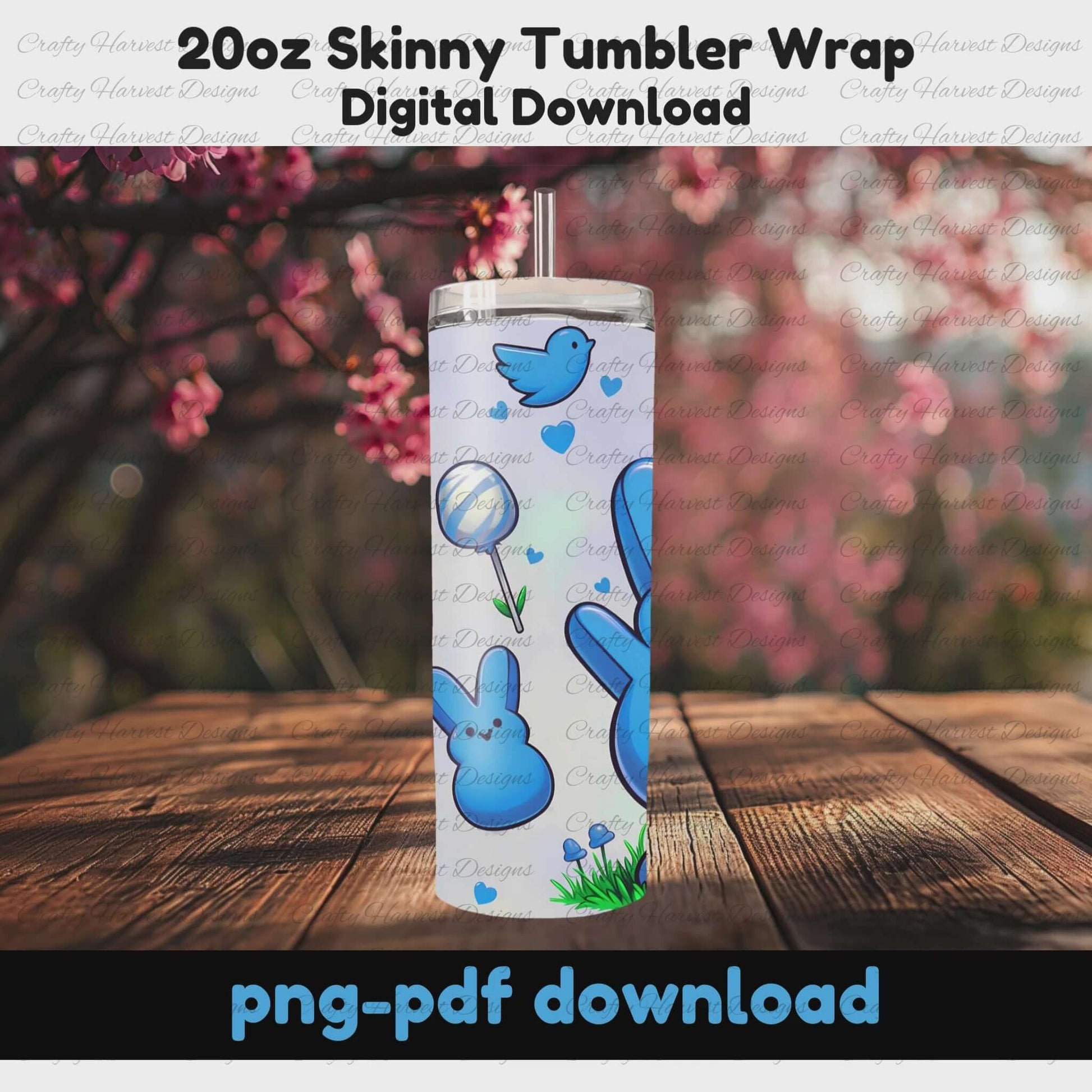 A rotating mockup of a blue Easter Peep 20oz skinny tumbler wrap featuring a cute green bunny, balloons, hearts, and small peeps. Set against a springtime background. Includes PNG and PDF digital download.