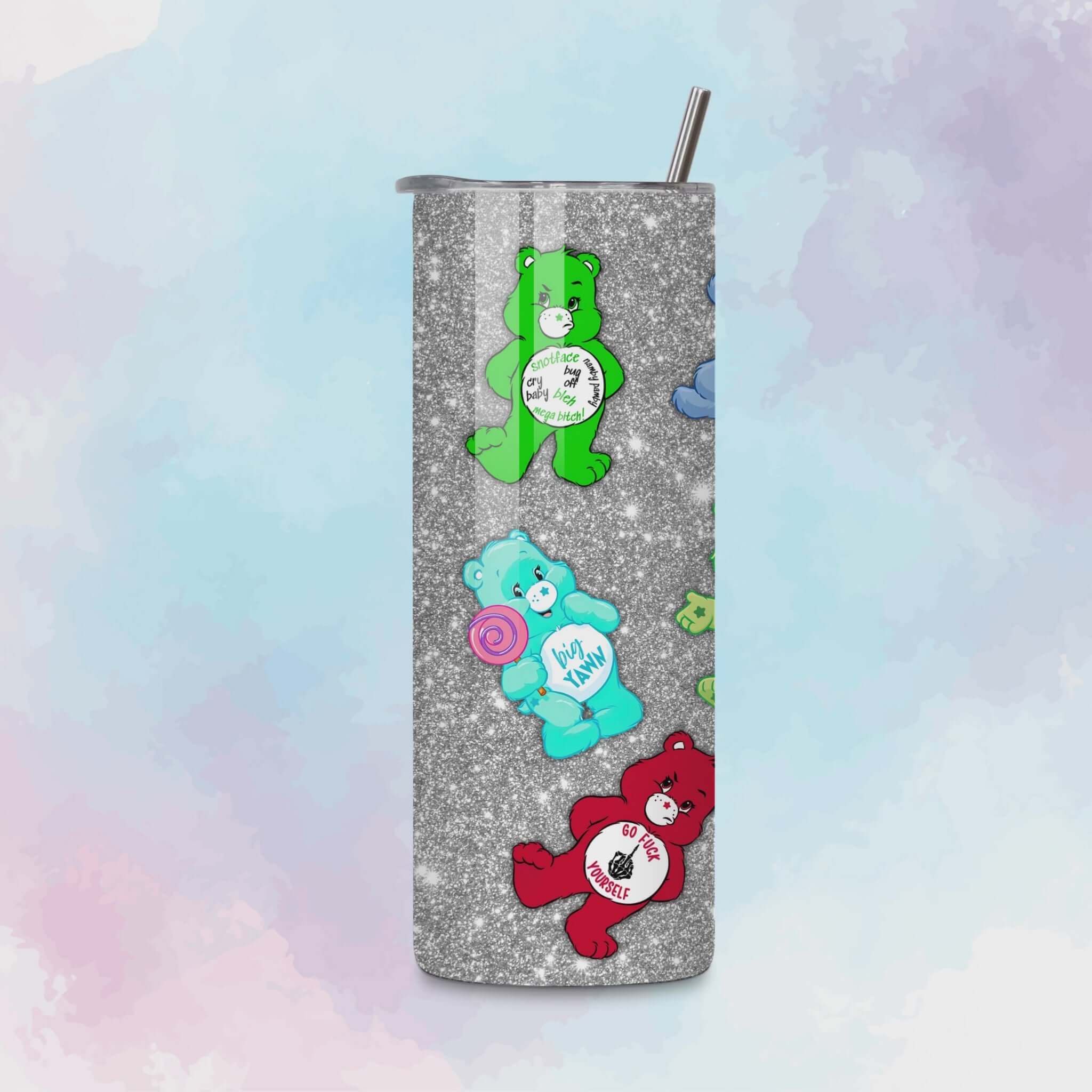 Rotating 20oz skinny tumbler mockup featuring the silver glitter Swear Bears wrap with colorful bears and bold phrases.