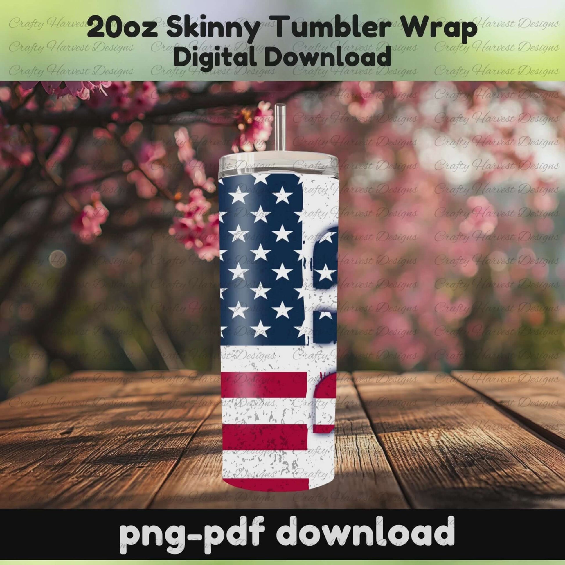 20oz skinny tumbler on wood surface with patriotic DAD wrap featuring a distressed American flag design, digital download for sublimation.