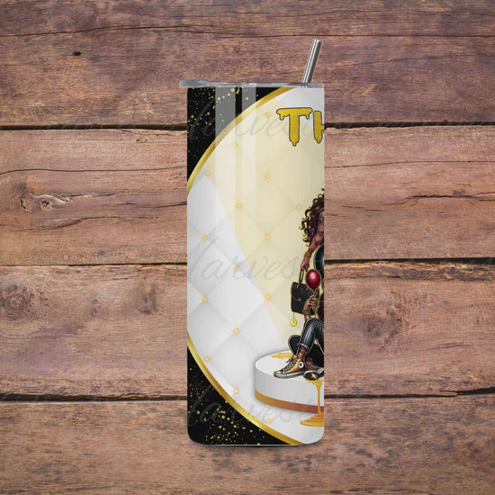 Video preview of a 20oz skinny tumbler wrap featuring the ‘Thug Life’ design. The tumbler showcases a quilted white and gold background with black and gold accents, including a group of five stylish women in edgy outfits, holding accessories, with gold dripping details at the base.