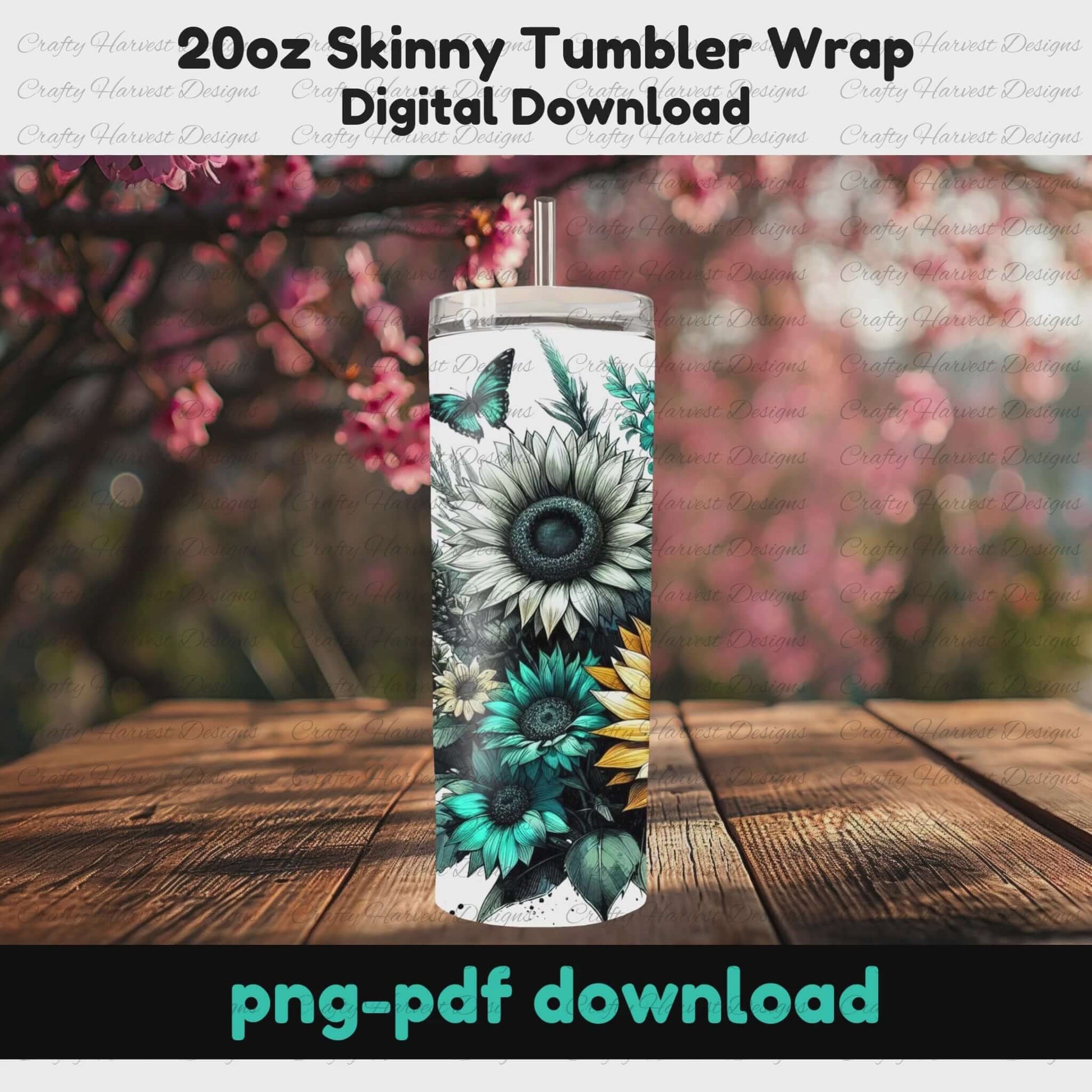 Teal and gold sunflower tumbler wrap featuring a vibrant floral design with butterflies. Digital download for 20oz skinny tumblers, available in PNG and PDF formats. Perfect for sublimation projects and handmade tumbler creations. Rotating mockup