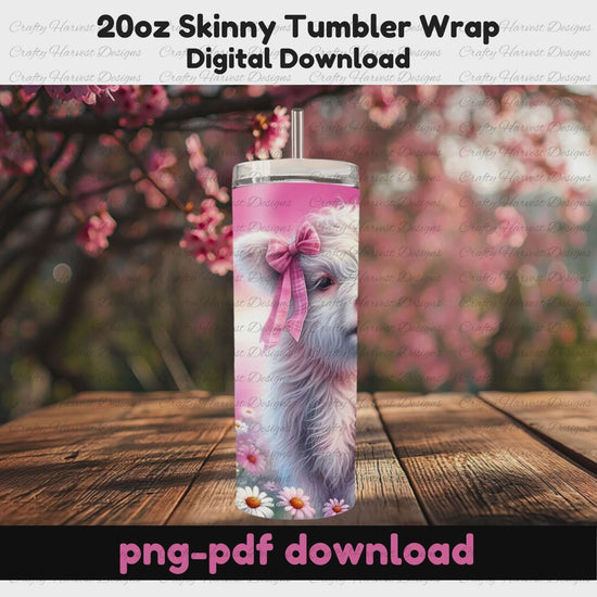 Fluffy white Highland cow with a pink bow, standing in a field of pink and white daisies, set against a soft pink sky. Designed as a 20oz skinny tumbler wrap digital download. shown on a rotating mockup