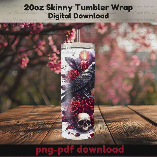Video mockup of a 20oz skinny tumbler featuring a gothic raven and skull design with red roses and a burning candle. The tumbler sits on a rustic wood table with blooming pink cherry blossoms in the background. Text above reads “20oz Skinny Tumbler Wrap – Digital Download.”