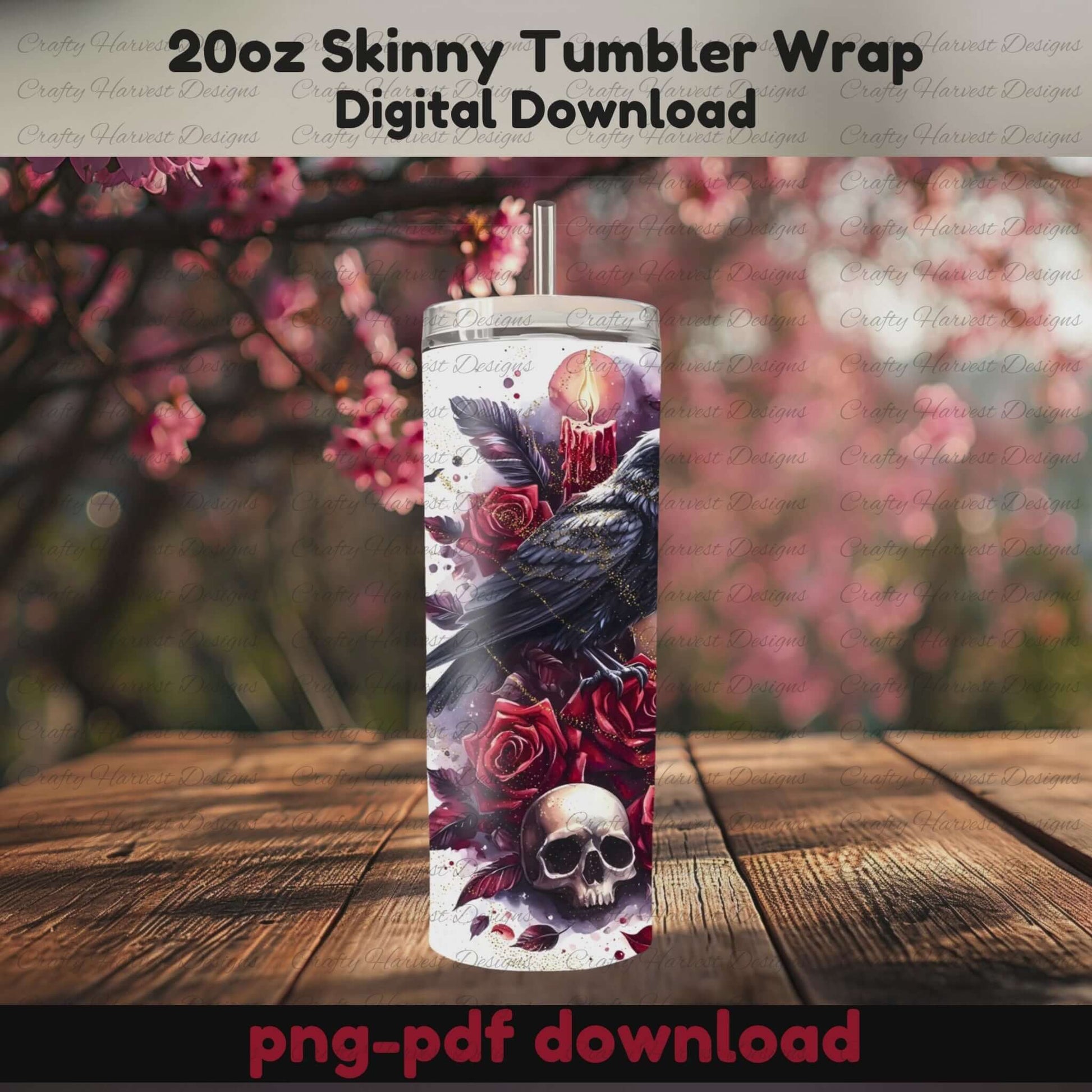 Video mockup of a 20oz skinny tumbler featuring a gothic raven and skull design with red roses and a burning candle. The tumbler sits on a rustic wood table with blooming pink cherry blossoms in the background. Text above reads “20oz Skinny Tumbler Wrap – Digital Download.”