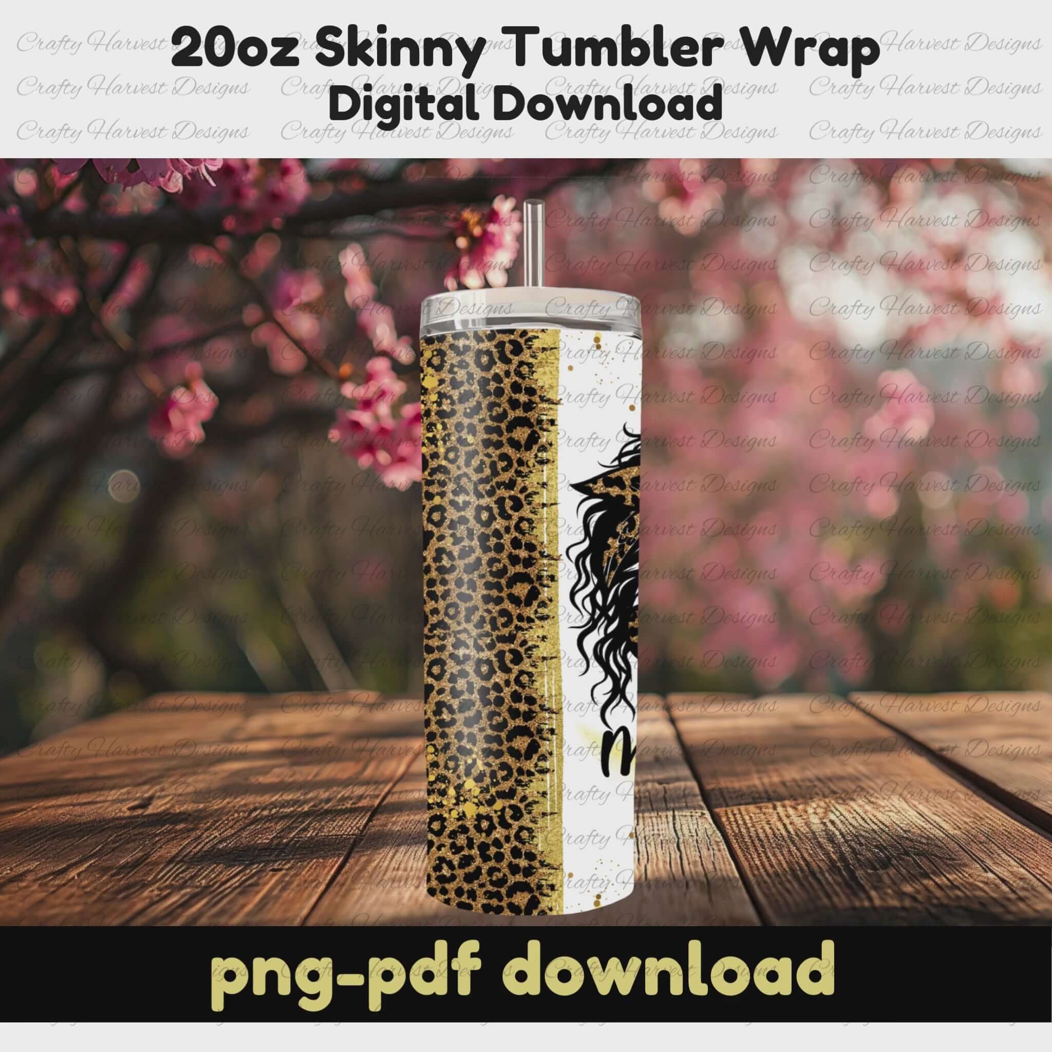 Mockup of completed tumbler with leopard Mom Life design placed outdoors on stone surface