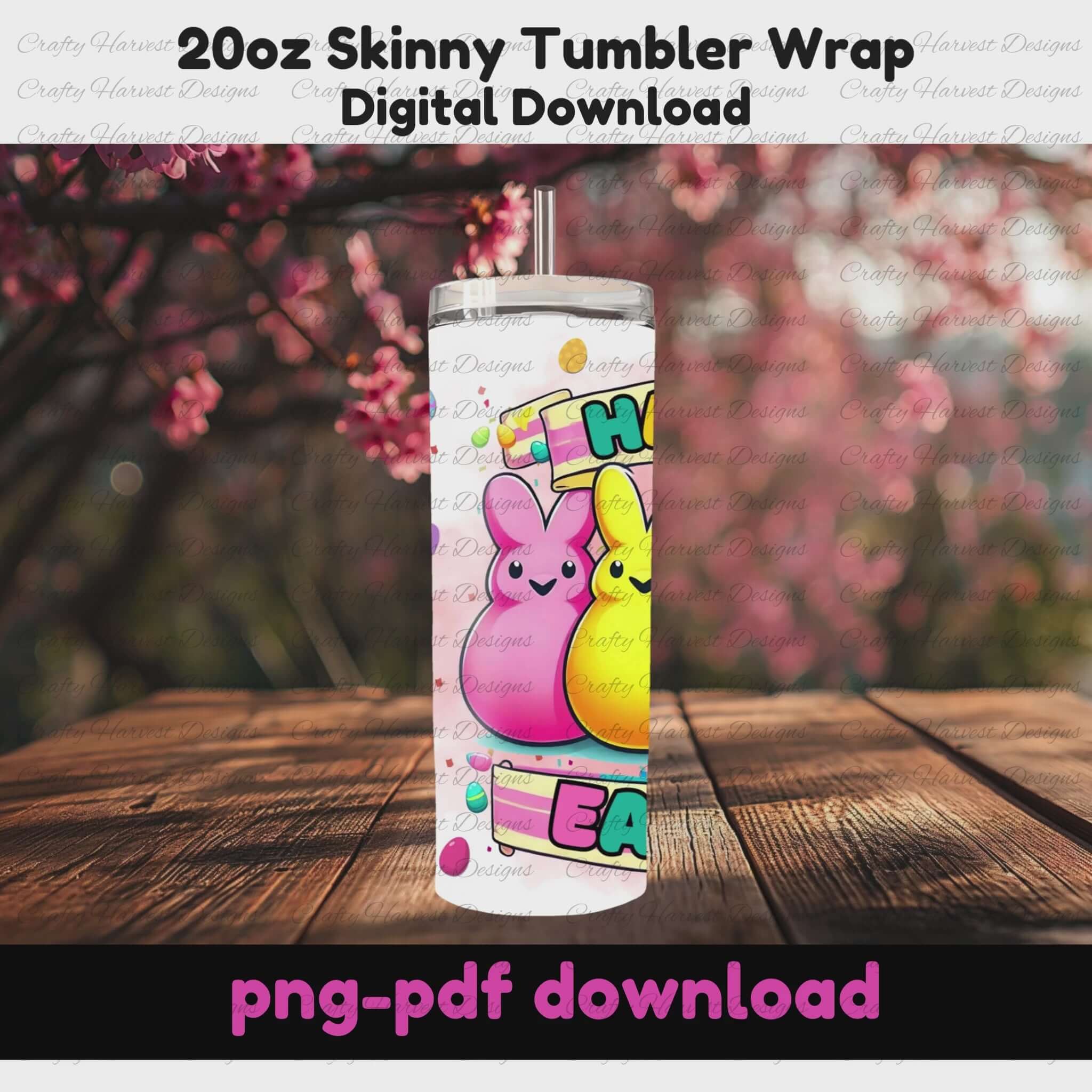 Rotating mockup of a 20oz skinny tumbler featuring a pastel Easter design. The tumbler displays peeps, a “Happy Easter” banner, and festive decorations. Digital download in PNG & PDF.
