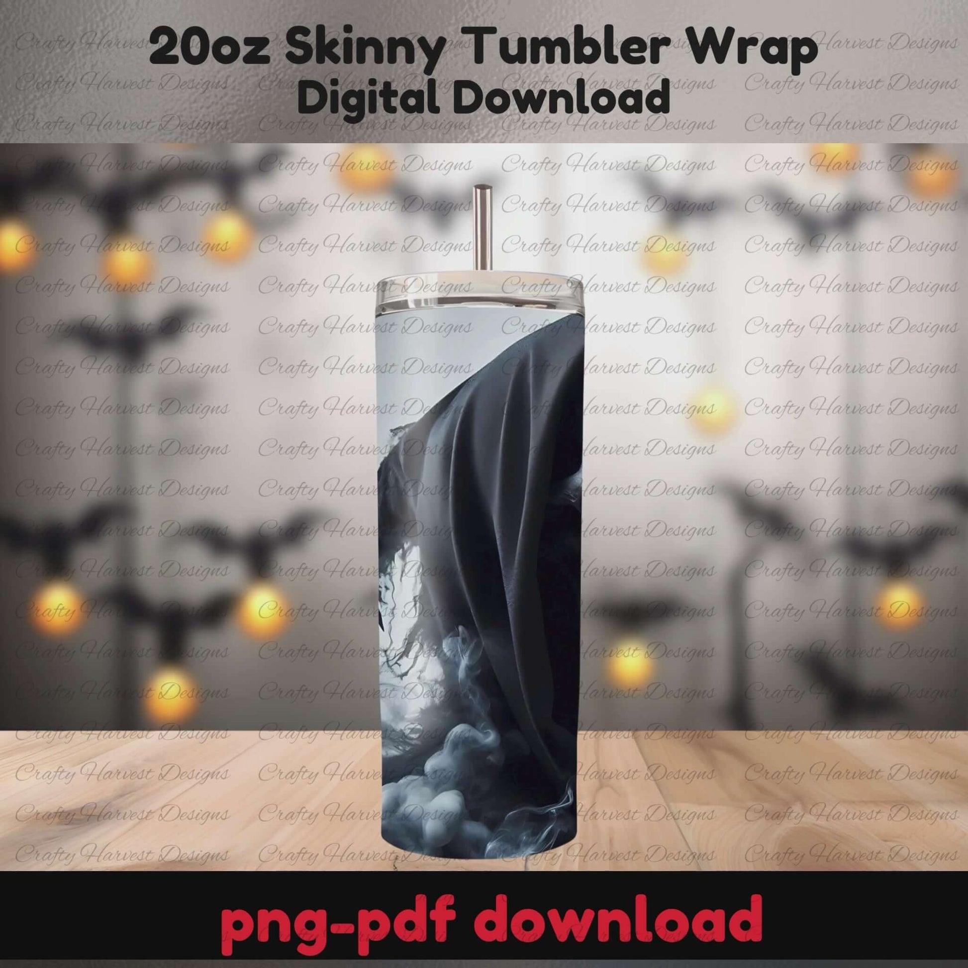 Rotating mockup of a 20oz skinny tumbler showcasing all three Grim Reaper-themed wrap designs from the digital download bundle, set against a Halloween-style background.