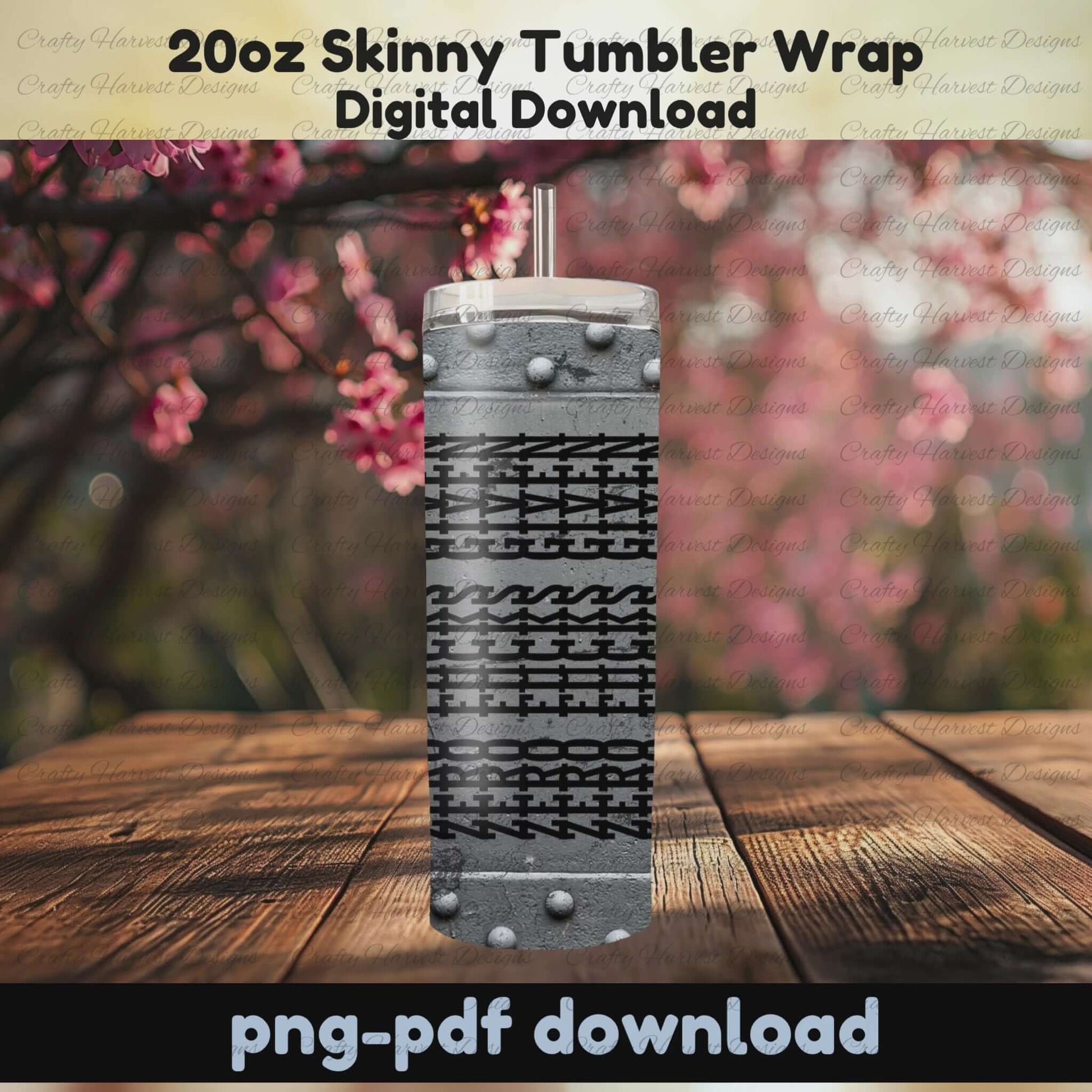 Animated 20oz skinny tumbler displayed on a wooden surface with a floral background. The tumbler features a riveted metal wrap with a hidden “Zero F*cks Given” message that reveals itself as the tumbler rotates. PNG and PDF digital download.