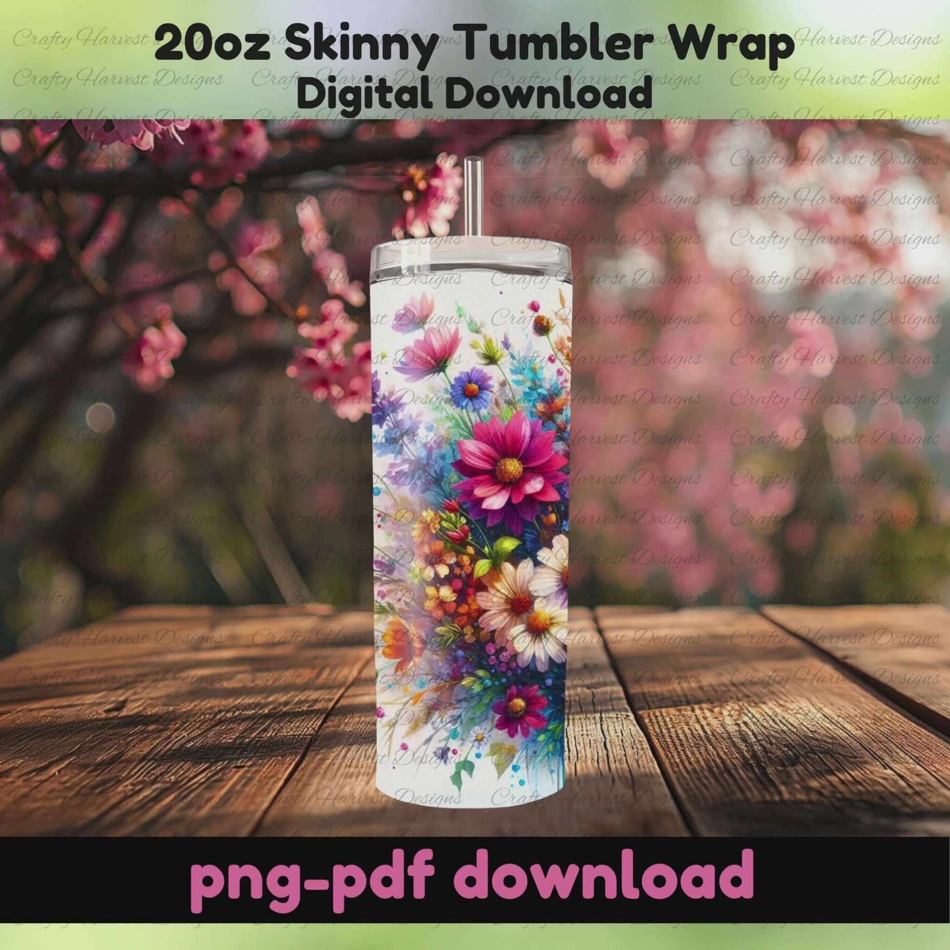 Rotating mockup of 20oz skinny tumbler showcasing all 18 floral designs from the bundle. Features colorful wildflowers, daisies, lilies, and roses.