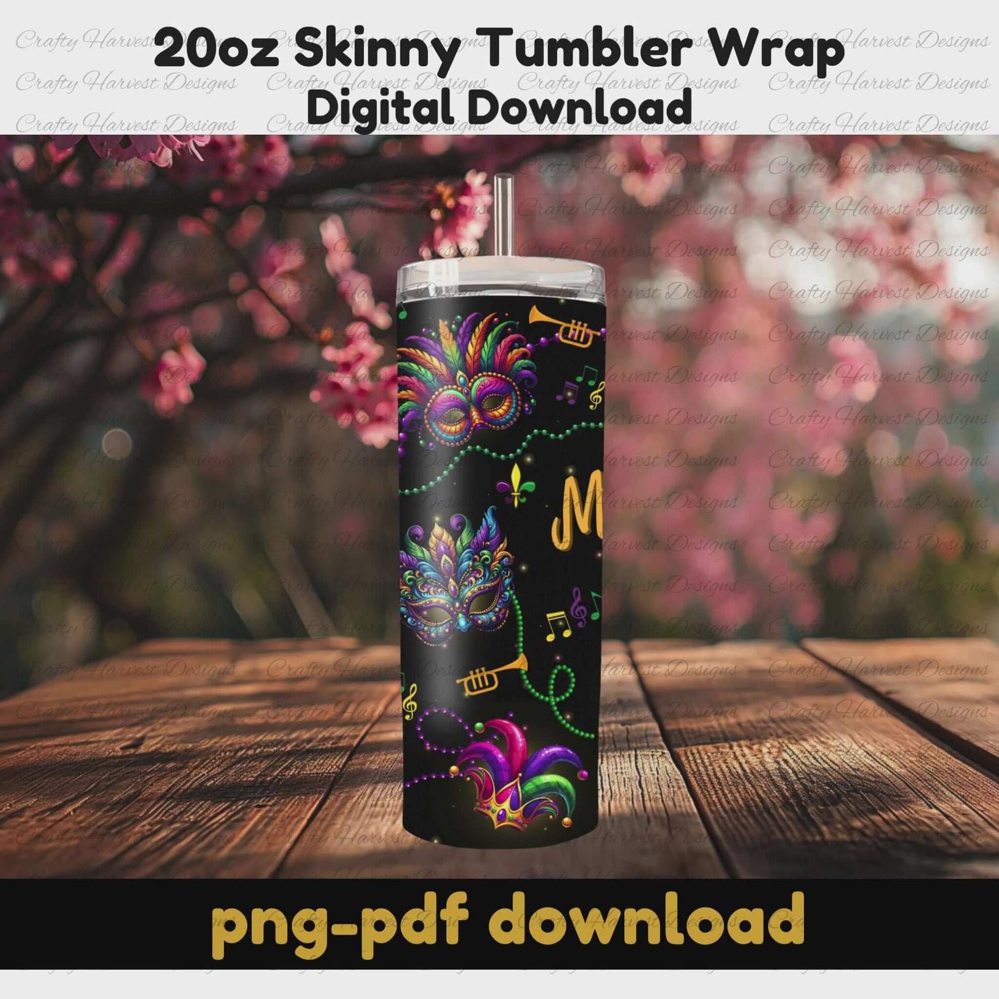 A 20oz skinny tumbler wrap with a Mardi Gras theme on a black background. The design features vibrant, colorful masquerade masks, beads, and festive musical notes. This is a rotating mockup showcasing the full tumbler wrap design. Digital download available in PNG and PDF formats.