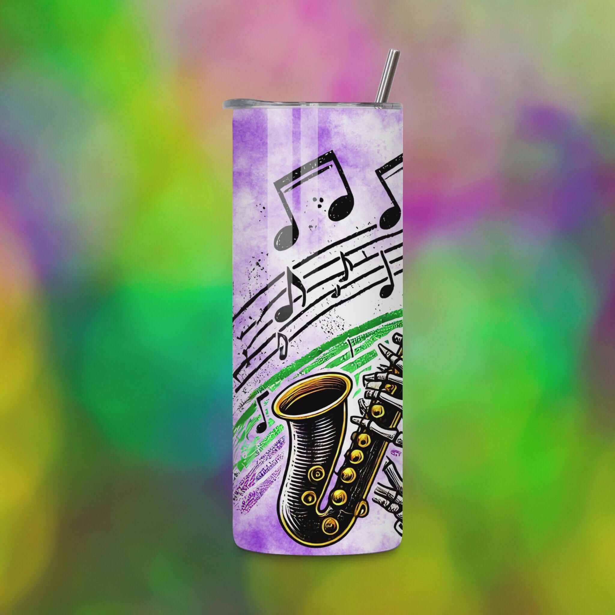 Video preview of a 20oz skinny tumbler featuring a saxophone design with music notes in purple, green, and gold Mardi Gras colors. Designed for sublimation projects, this wrap includes a skeleton wearing a crown and beads.