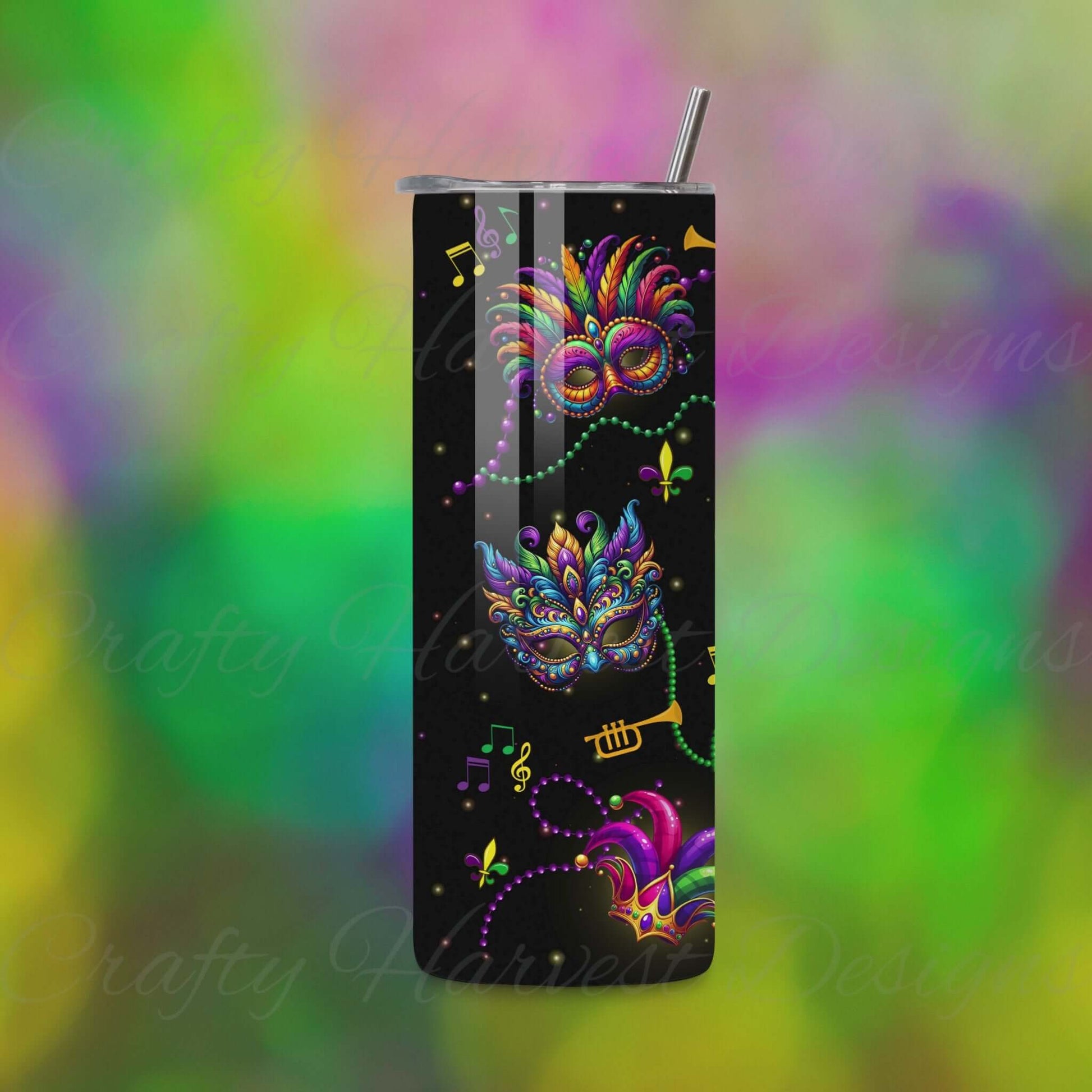 Video preview of a 20oz skinny tumbler wrap featuring vibrant Mardi Gras masks, crowns, beads, and musical notes on a black background, highlighting the wrap’s colorful details and festive design.