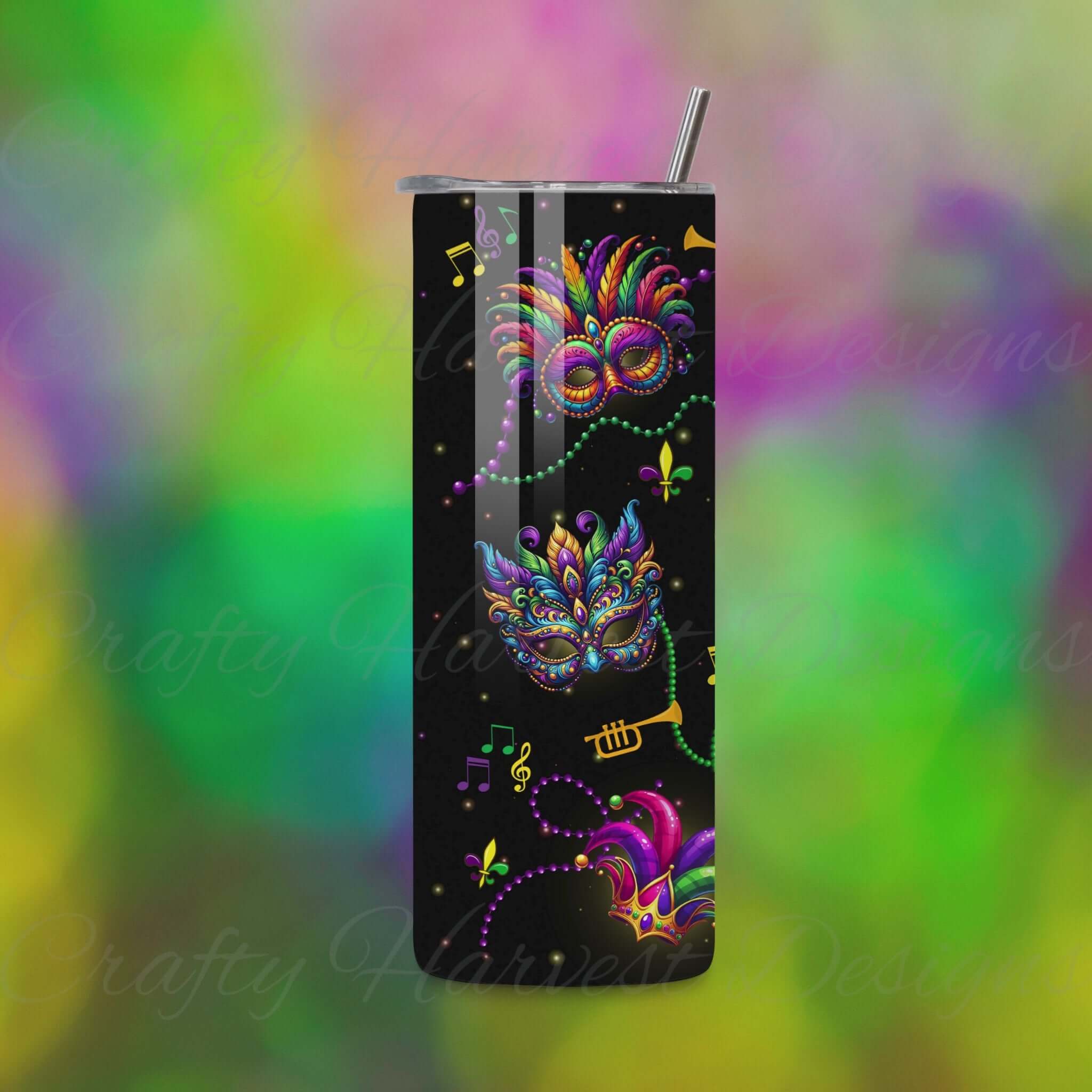 Video preview of a 20oz skinny tumbler wrap featuring vibrant Mardi Gras masks, crowns, beads, and musical notes on a black background, highlighting the wrap’s colorful details and festive design.