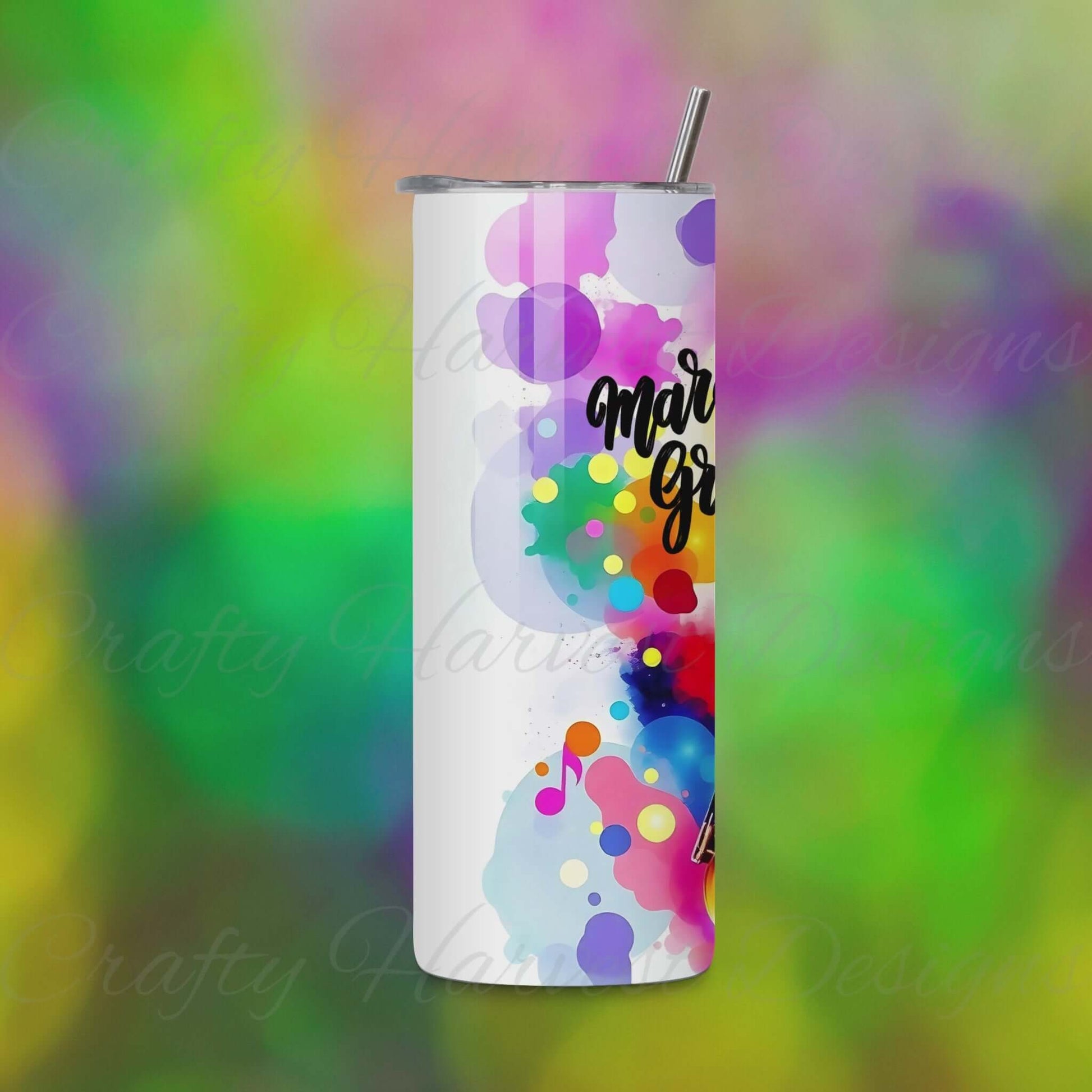Rotating view of a Mardi Gras 20oz skinny tumbler wrap showcasing vibrant splashes of color, a golden saxophone, and festive beads with the text ‘Mardi Gras.'