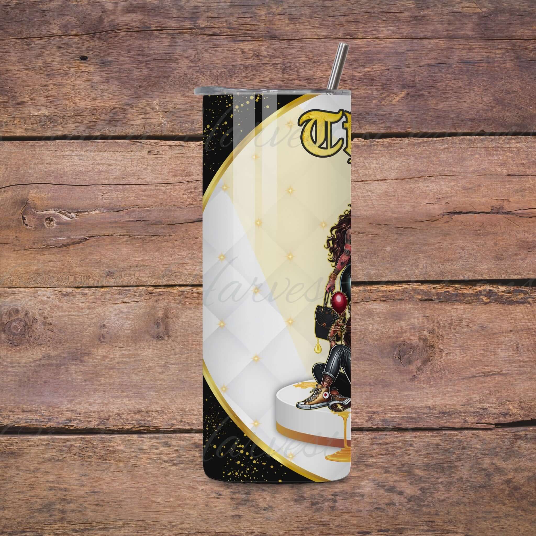 Video preview of a 20oz skinny tumbler wrap featuring the ‘Thug Life’ design. The tumbler showcases a quilted white and gold background with black and gold accents, including a group of five stylish women in edgy outfits, holding accessories, with gold dripping details at the base.
