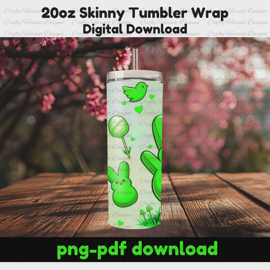 A rotating mockup of a green Easter Peep 20oz skinny tumbler wrap featuring a cute green bunny, balloons, hearts, and small peeps. Set against a springtime background. Includes PNG and PDF digital download.
