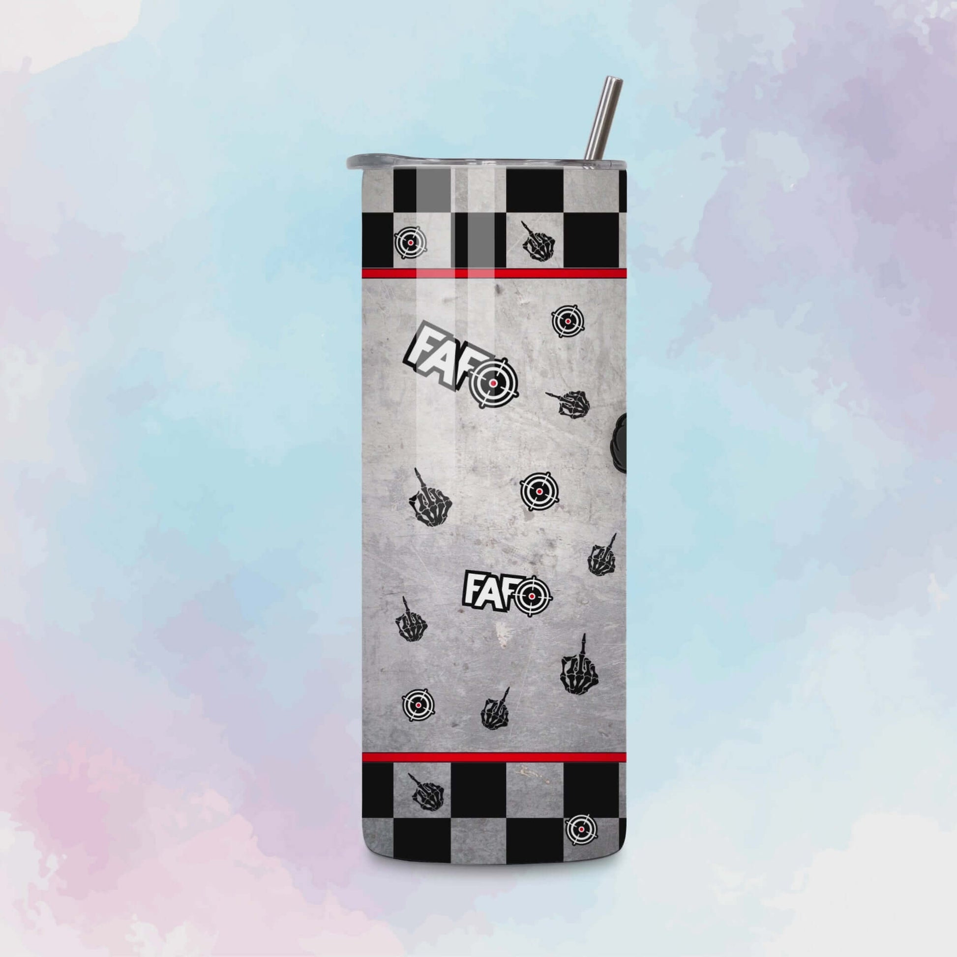 A rotating 360-degree video showcasing a 20oz skinny tumbler wrap with a black and gray grunge design, featuring a checkered pattern at the top and bottom, red trim, “FAFO” text with target symbols, and hand gesture graphics on a distressed background.