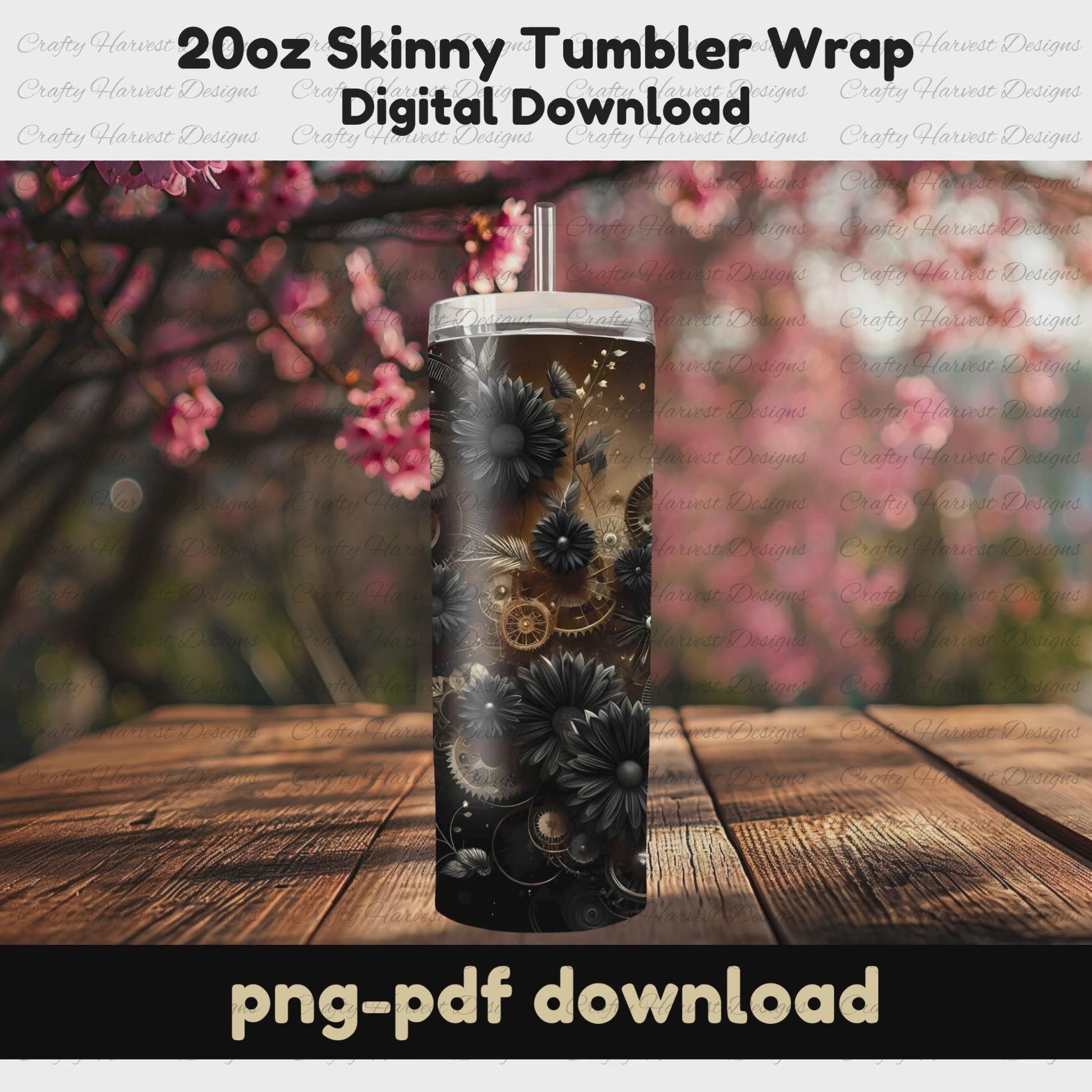 Black and gold steampunk floral tumbler wrap for 20oz skinny tumblers. Digital download includes PNG and PDF formats. The design features intricate gears, black flowers, and metallic accents, creating a sophisticated and edgy aesthetic. This is a rotating mockup showcasing the full design around the tumbler.