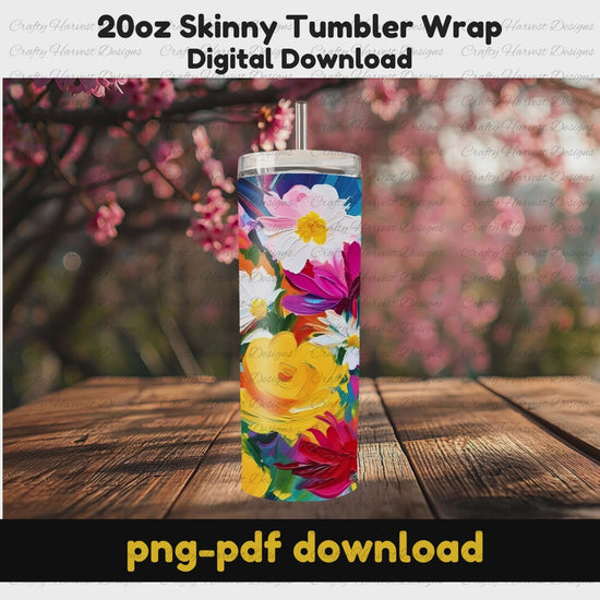 Vibrant watercolor floral tumbler wrap for 20oz skinny tumblers. This digital download includes PNG and PDF formats, featuring bright pink, yellow, blue, and red flowers in a hand-painted style, perfect for sublimation.