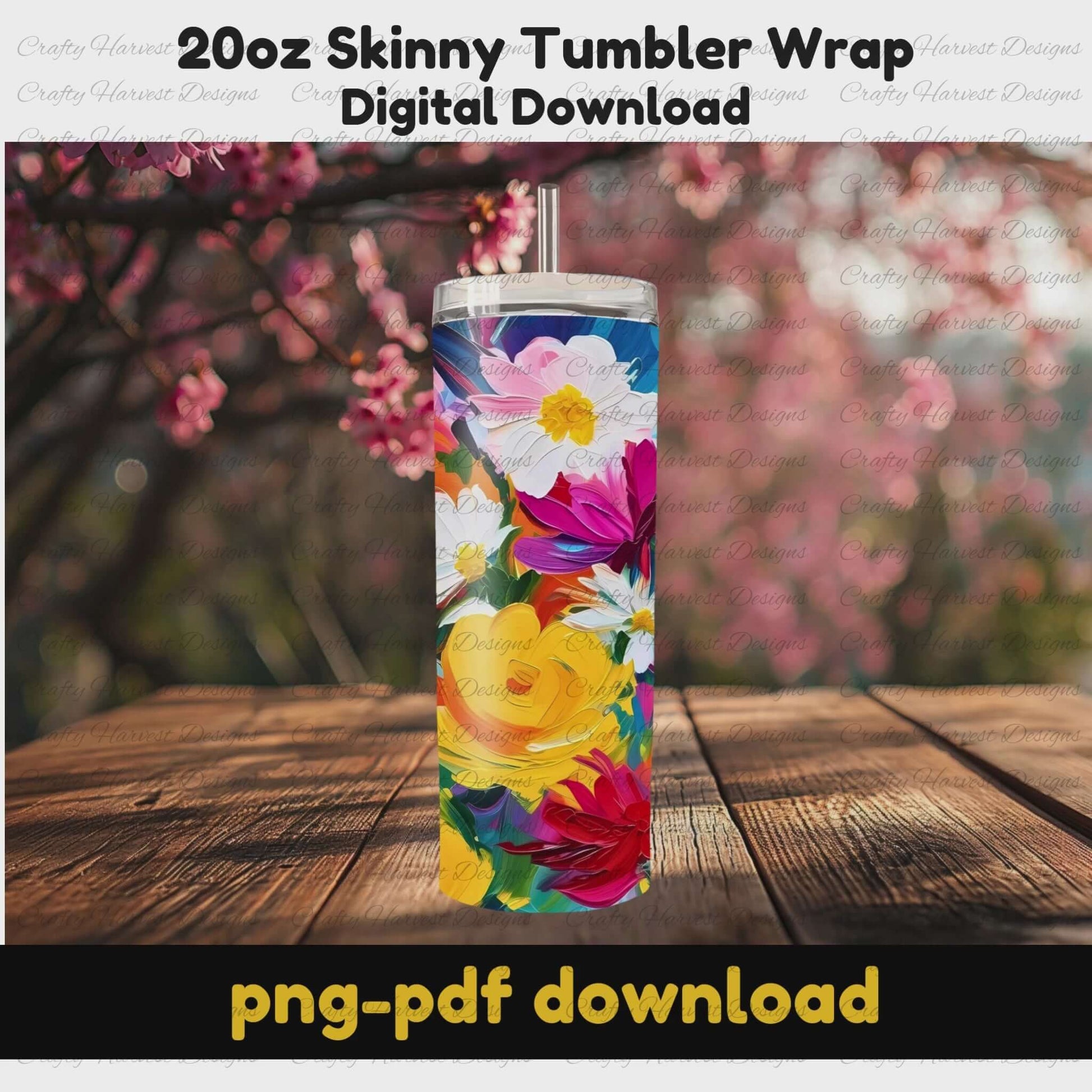 Vibrant watercolor floral tumbler wrap for 20oz skinny tumblers. This digital download includes PNG and PDF formats, featuring bright pink, yellow, blue, and red flowers in a hand-painted style, perfect for sublimation.