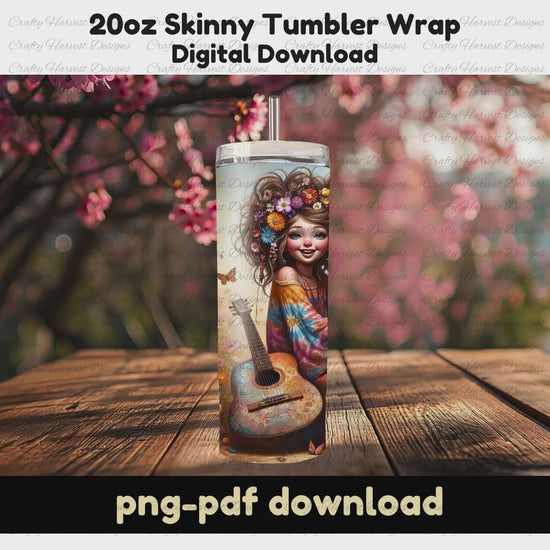 Stay Wild Hippie Child 20oz Skinny Tumbler Wrap – Digital Download. Rotating mockup featuring a boho-style girl with curly hair, a guitar, and a warm earthy background. Comes in PNG & PDF format.