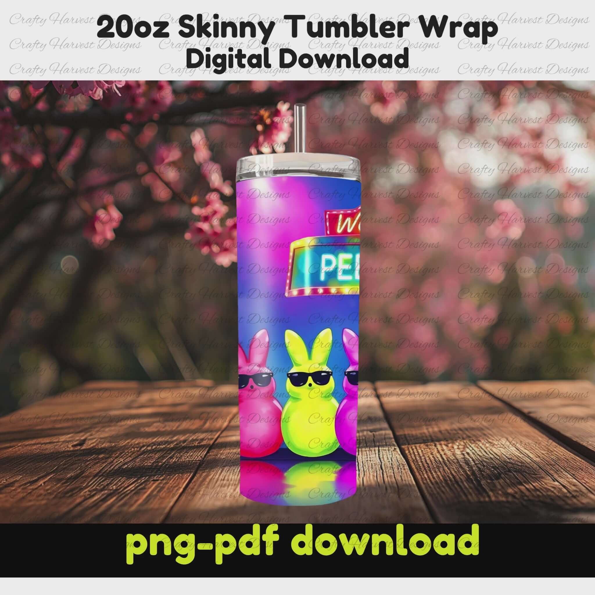 Rotating mockup of a 20oz skinny tumbler featuring a neon Easter design. The tumbler displays peeps in sunglasses with a glowing retro-style sign. The background has a blurred cherry blossom scene. Digital download in PNG & PDF.