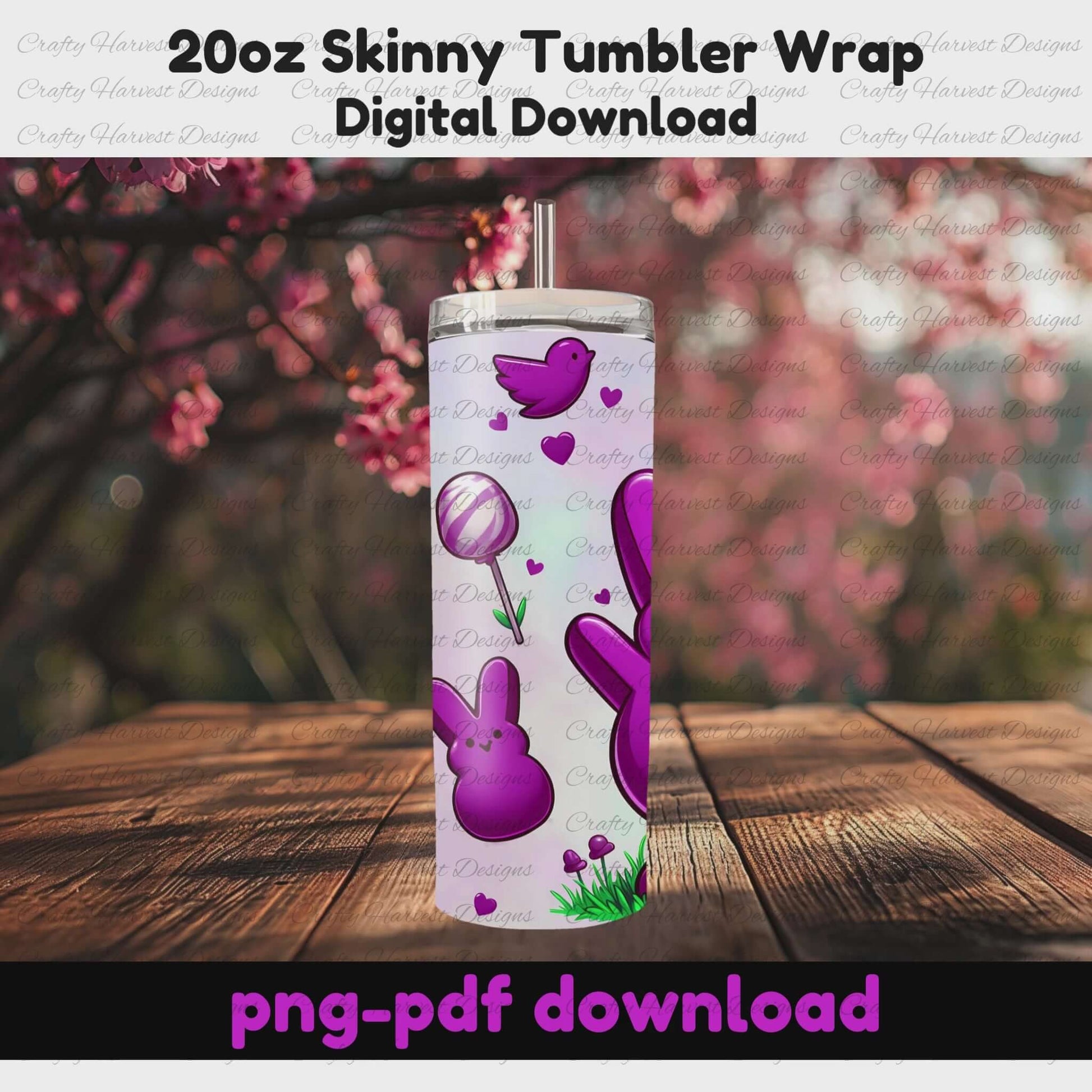 A rotating mockup of a purple Easter Peep 20oz skinny tumbler wrap featuring a cute green bunny, balloons, hearts, and small peeps. Set against a springtime background. Includes PNG and PDF digital download.