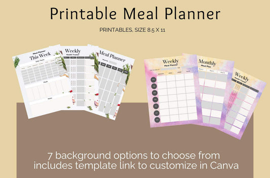 Printable Meal Planner Template | 7 Backgrounds, Editable in Canva - Crafty Harvest Designs